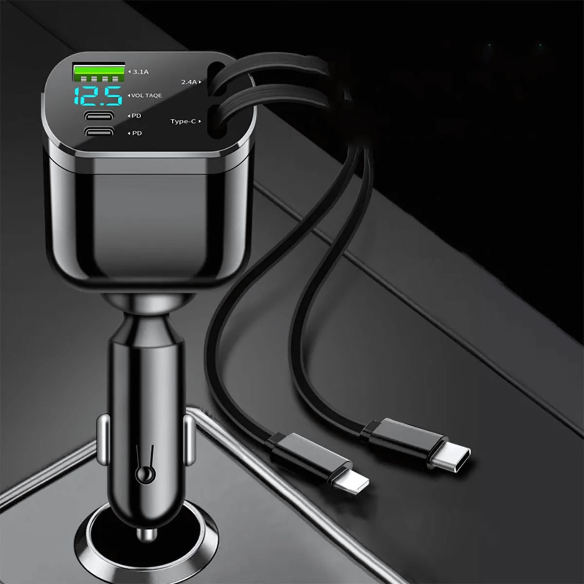 Cargador de Auto 5-en-1 con USB 3.1 y Tipo C . Carga Rápida Universal para celulares y otros Dispositivos. Cargador de carro para celular. Cable 100W