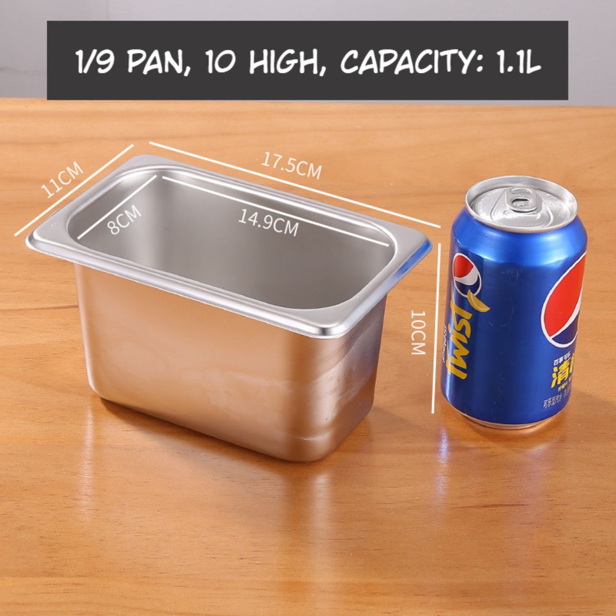 Bandejas GN 1/9 De Acero Inoxidable 1.1L. (17.5X11x10cm) Para Buffet H