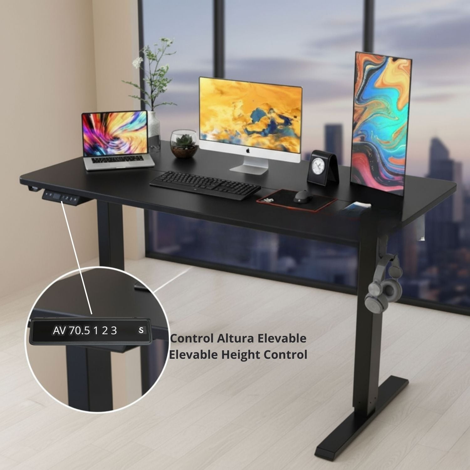 Mesa de pie ergonómica ajustable en altura 1200*600*15mm negro con memoria y accesorios. Escritorio eléctrico