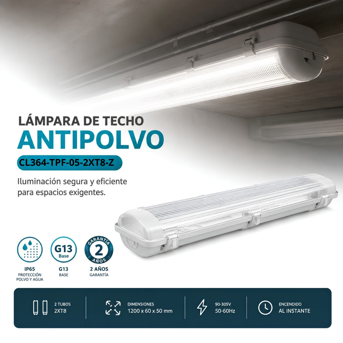 Lámpara Lineal Antipolvo IP65 para 2 Tubos LED T8 G13 1200mm Base Doble Uso Interior y Exterior.