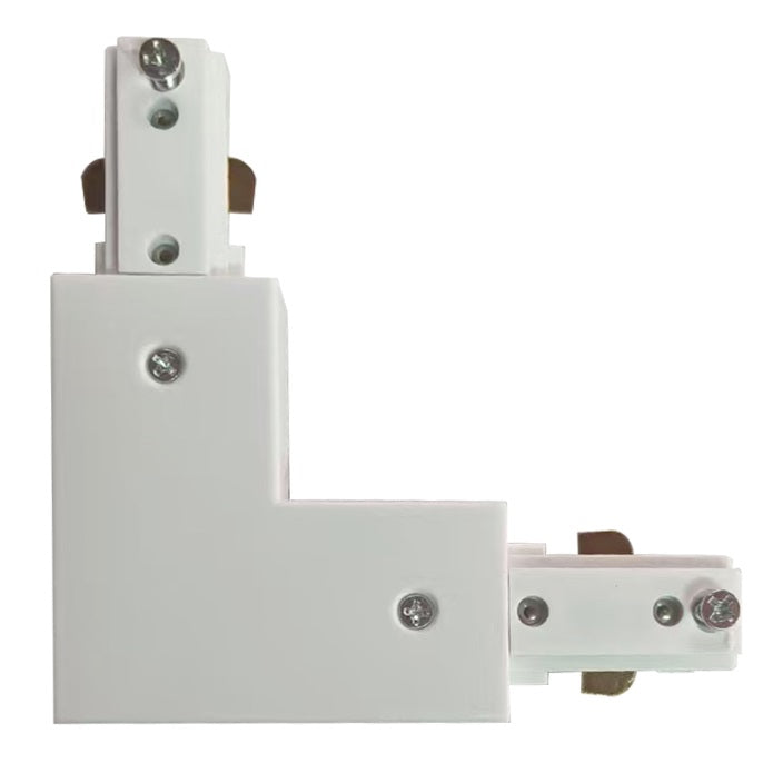 Conector izquierdo tipo L para sistema de lámparas colgantes riel track. Color blanco