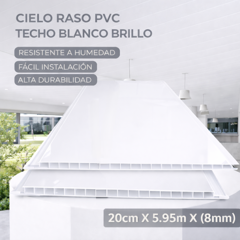 Cielo Raso PVC techo Blanco brillante BRILLO panel 20cm x 8mm x 5.95m Resistente a Humedad Fácil Instalación Alta Durabilidad