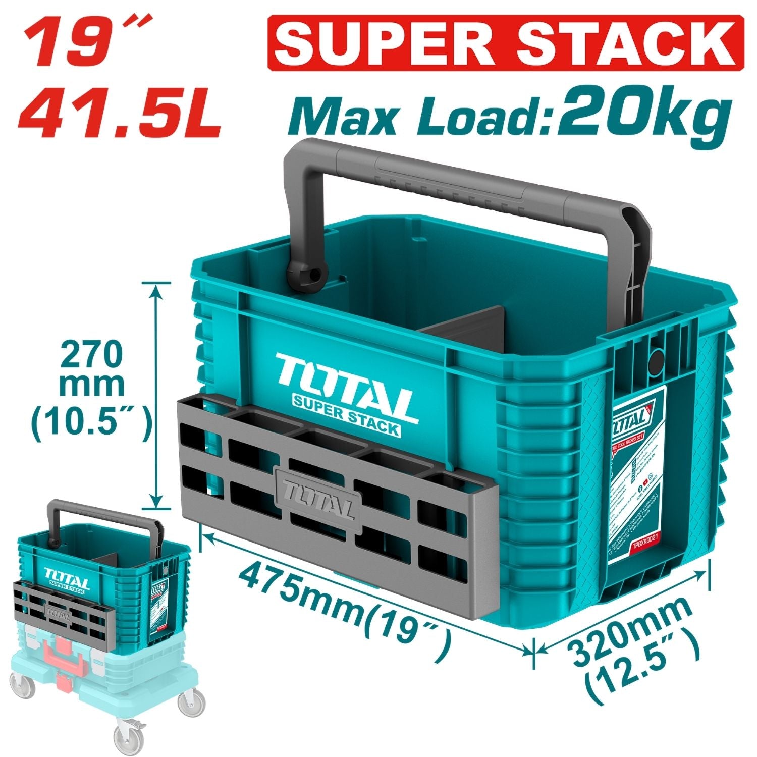Caja de herramientas de plástico apilable 19" Carga 20Kg Tamaño 475 mm (19") × 320 mm (12.5") × 270 mm (10.5")