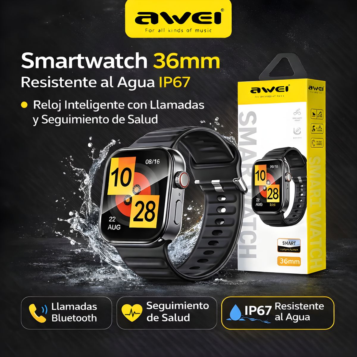 Smartwatch 36mm Resistente al Agua IP67. Reloj Inteligente con Llamadas y Seguimiento de Salud.