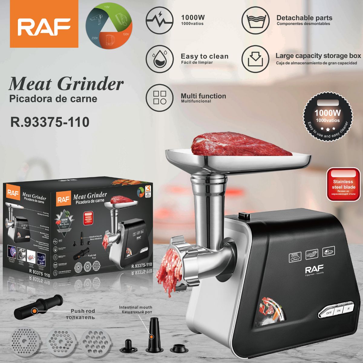 Moledora de Carne Eléctrica 1000W. Picadora de carne con Cuchilla de Acero Inoxidable y Accesorios para Embutidos 110V.