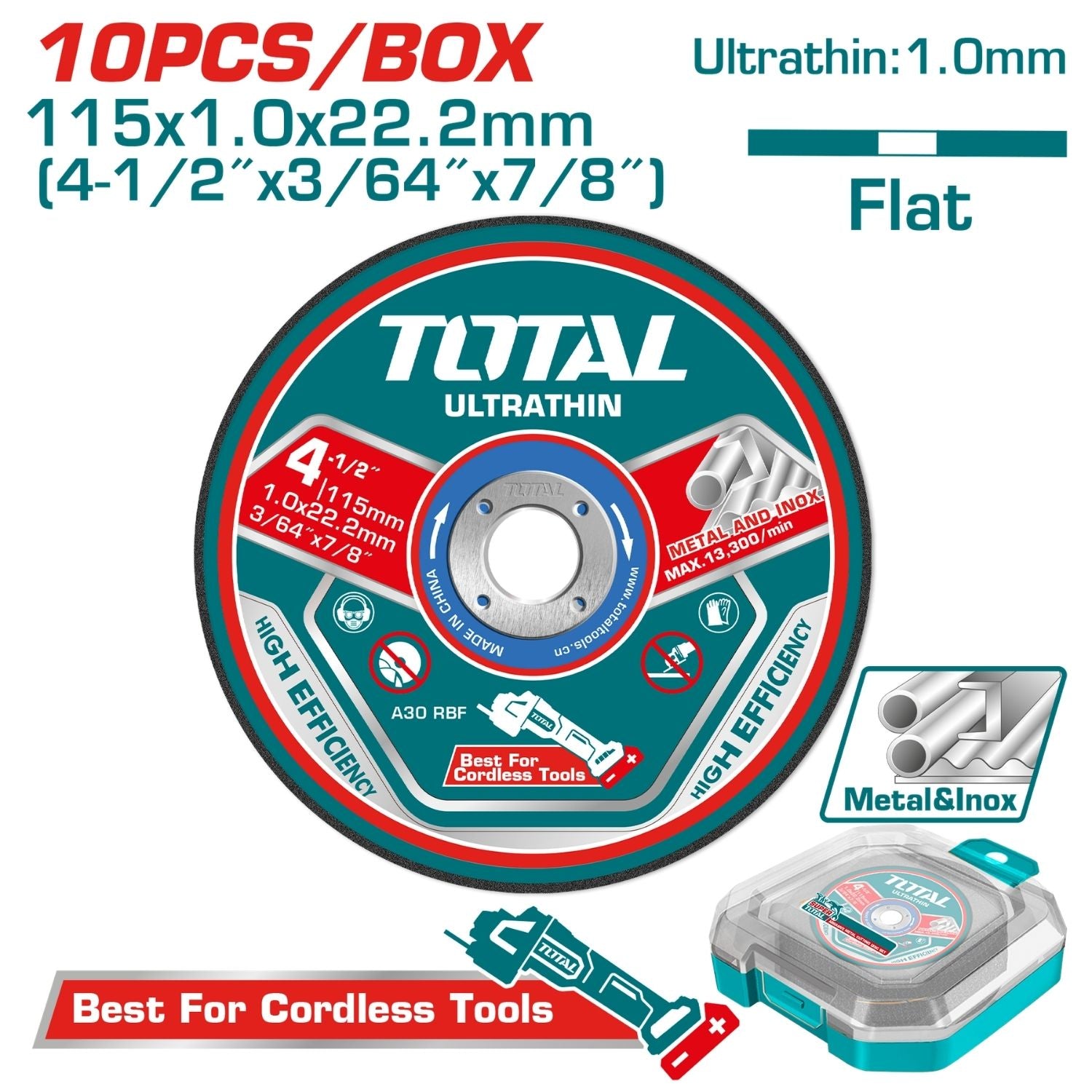 Discos de corte de metal ultrafino 115 mm (4 1/2") × 1.0 mm (3/64") × 22.2 mm (7/8") Centro Plano. Set 10 pzas.