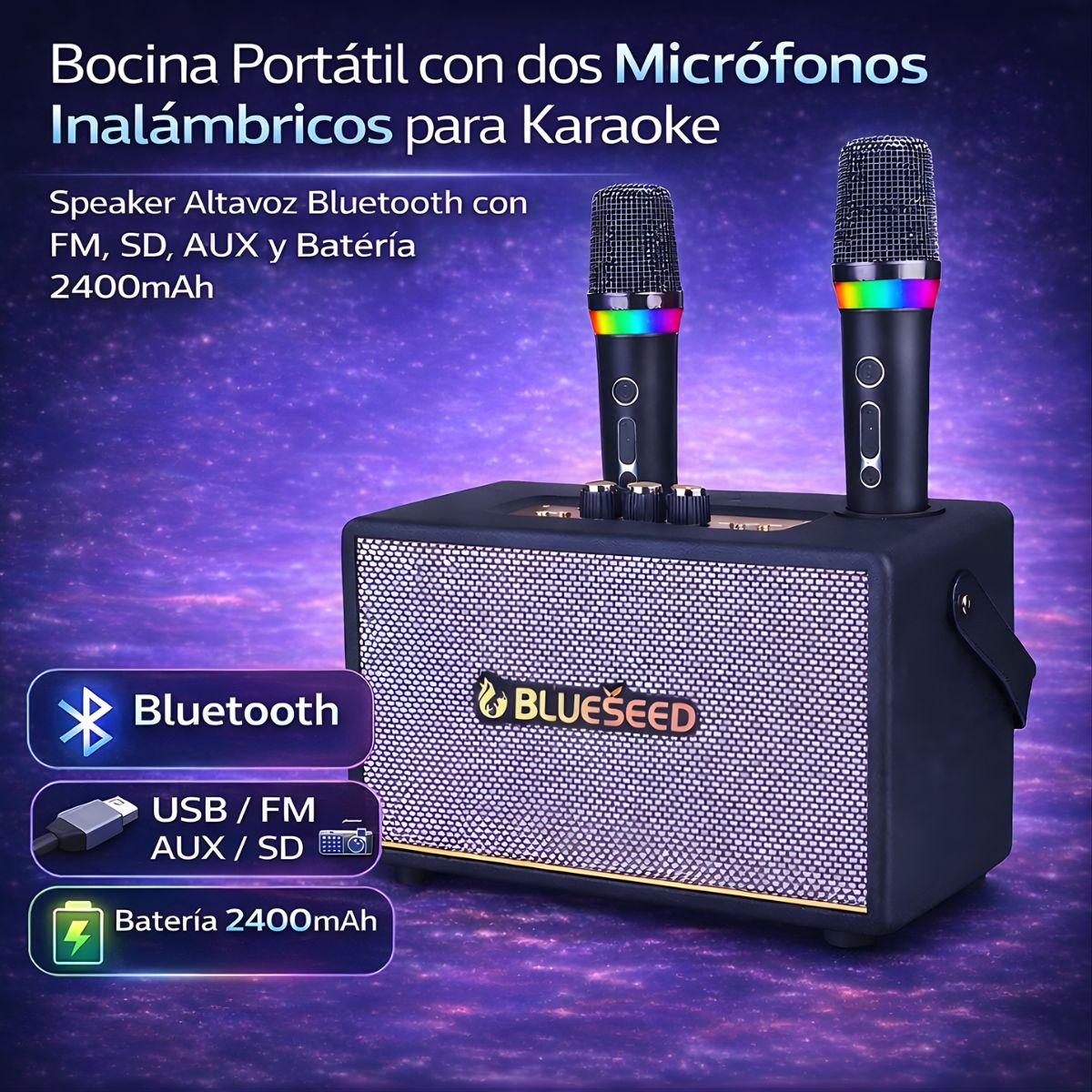 Bocina Portátil con dos Micrófonos Inalámbricos para Karaoke. Speaker Altavoz Bluetooth con FM, SD, AUX y Batería 2400mAh.