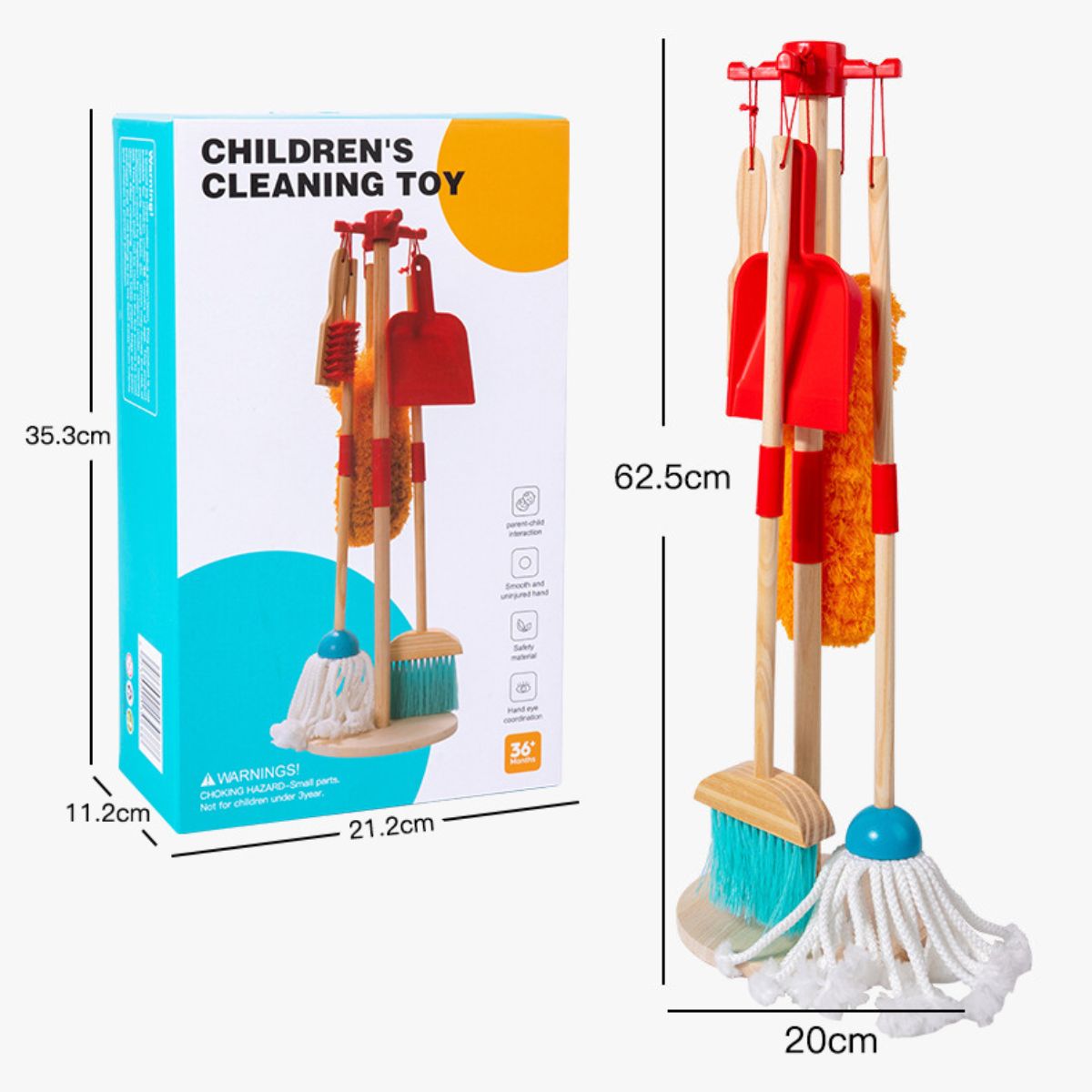 Juego de Limpieza para Niños de Madera con Escoba, Trapeador y Cepillos. Set Educativo de Aseo para Niños 62.5x20cm.
