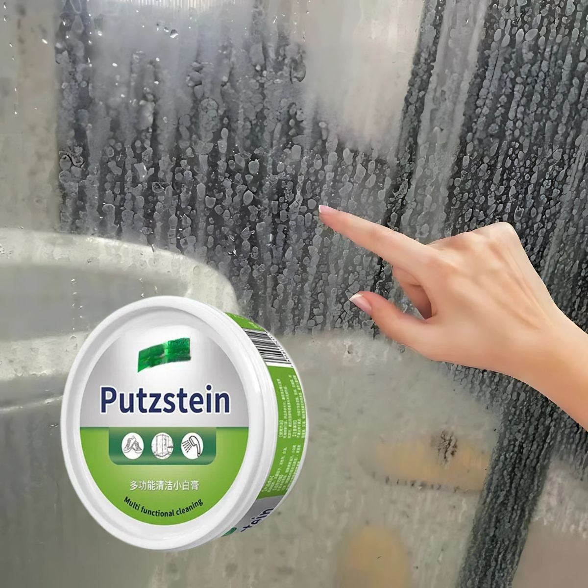 Crema Limpiadora Mancha de agua vidrios grifos Putzstein 180g. Limpieza, Pulido y Protección 3 en 1. Usar con Esponja Anti-Raya Código L209.