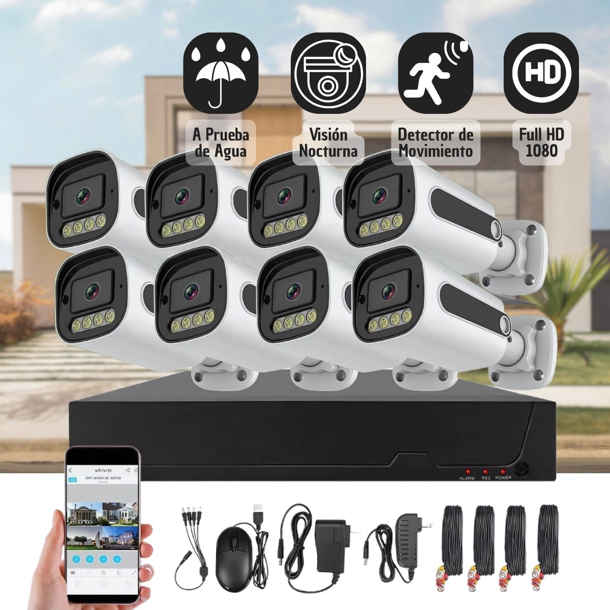 Cámaras De Seguridad HD CCTV (Set de 8). Con Sensor De Movimiento, Visión Nocturna, A Prueba de Agua. Cámara de Videovigilancia Con Audio Y WiFi