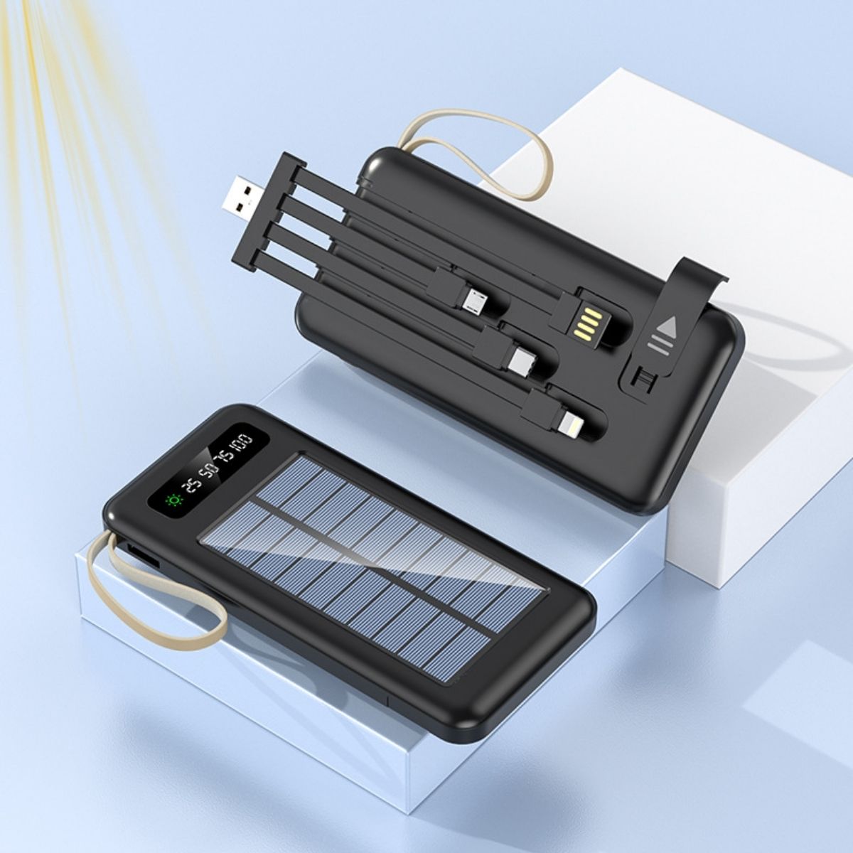 Power Bank Solar 10000 mAh Con Cable Integrado. Compatible con Tipo-C, Micro USB, Lightning. Cargador portátil para Celulares con Panel Solar.