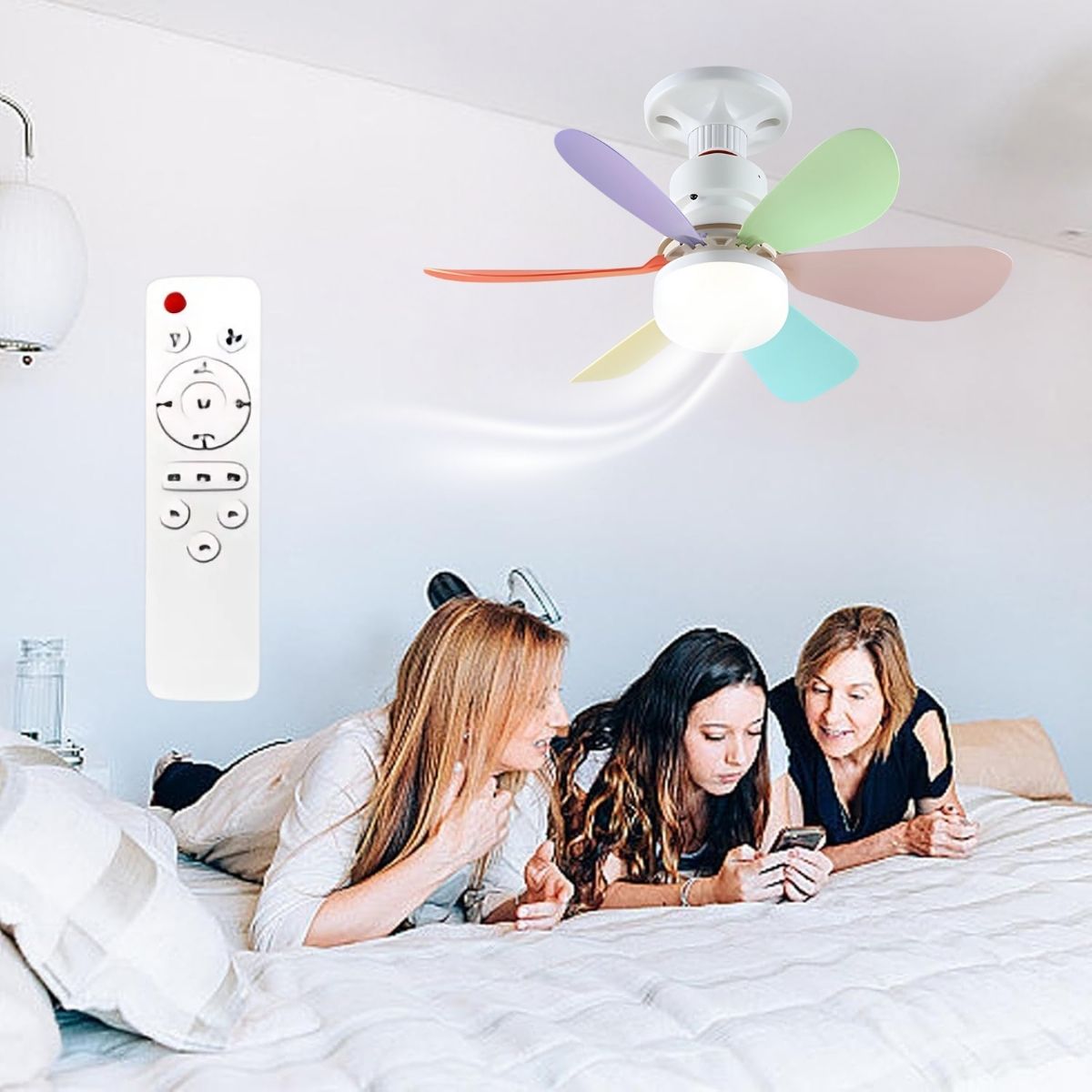 Abanico De Techo Socket De colores E27 Con Luz Led Regulable 3000-6500K. Ventilador 3 Velocidades, 6 Aspas Y Control Remoto. 520x185mm. Multicolor.