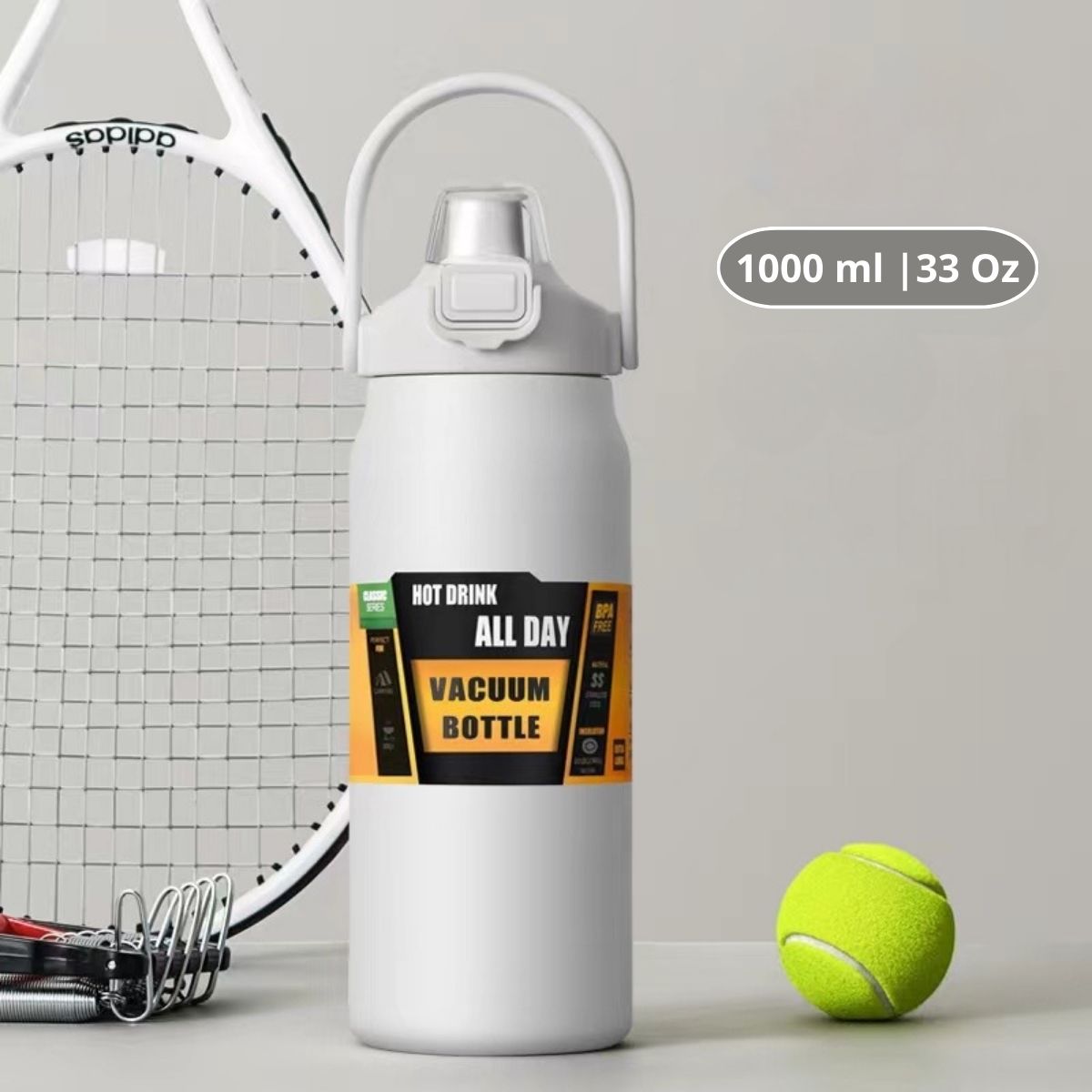 Botella De Agua Térmica. Termo Deportivo De Doble Pared De Acero Inoxidable Y Soporte Para Teléfono. 1000 ml. Color Blanco.
