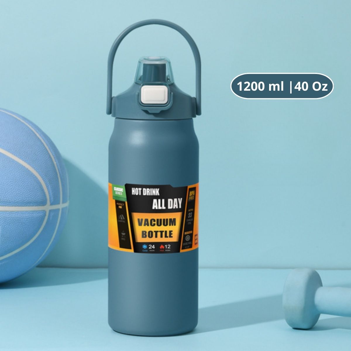 Botella De Agua Térmica. Termo Deportivo De Doble Pared De Acero Inoxidable Y Soporte Para Teléfono. 1200 ml. Color Azul.
