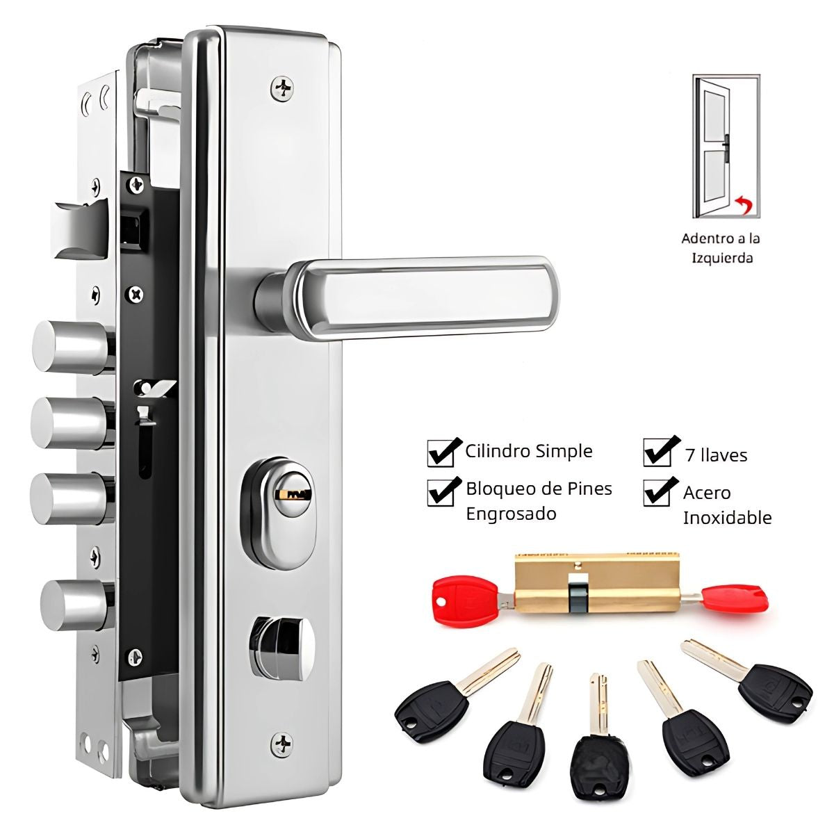 Cerradura De Seguridad Embutida Para Puertas Metálicas 45 a 55mm. 280mmx65mm. Con Cilindro De Acero Inoxidable. Incluye 7 Llaves. Apertura Izquierda Hacia Adentro