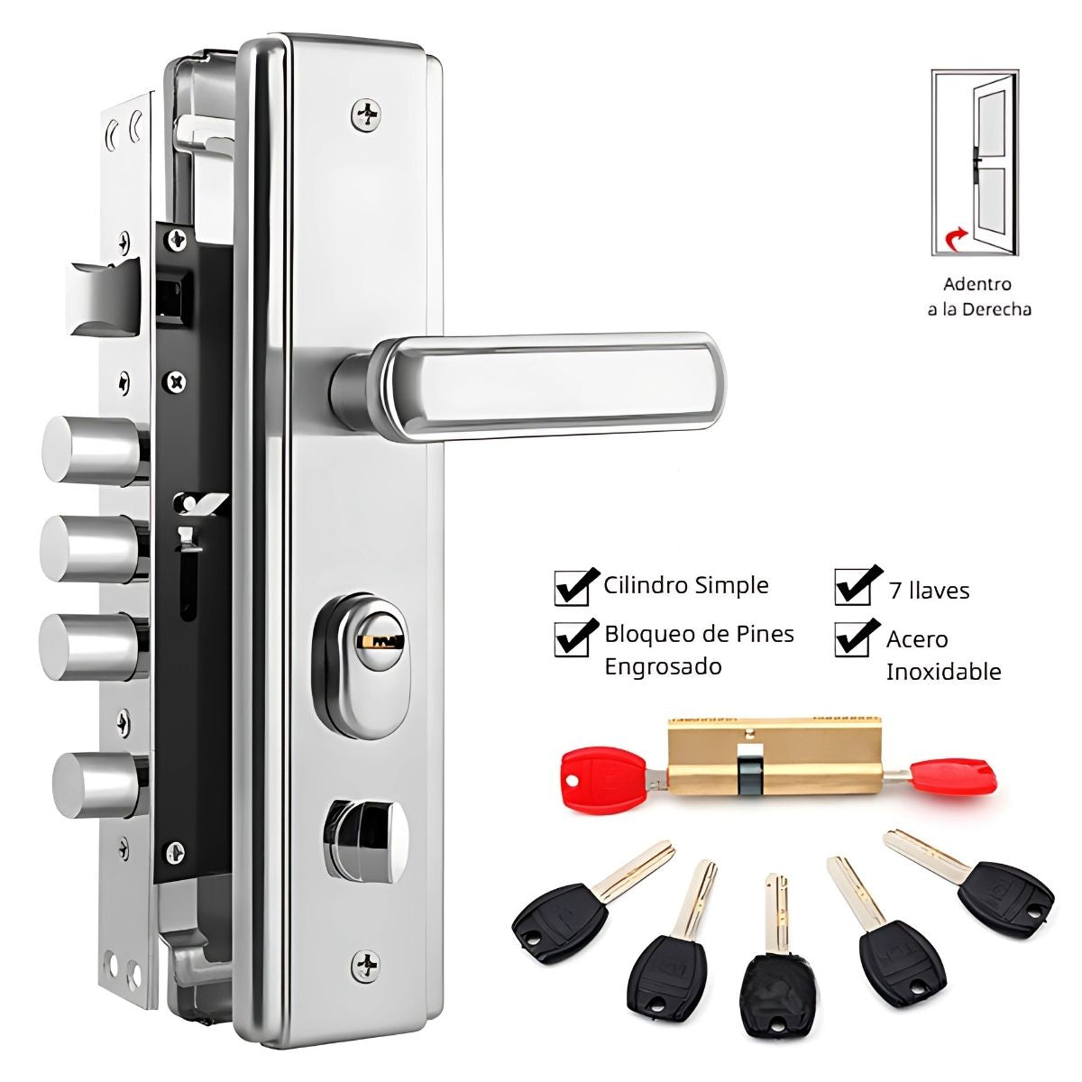 Cerradura De Seguridad Embutida Para Puertas Metálicas 45 a 55mm. 280mmx65mm. Con Cilindro De Acero Inoxidable. Incluye 7 Llaves. Apertura Derecha Hacia Adentro
