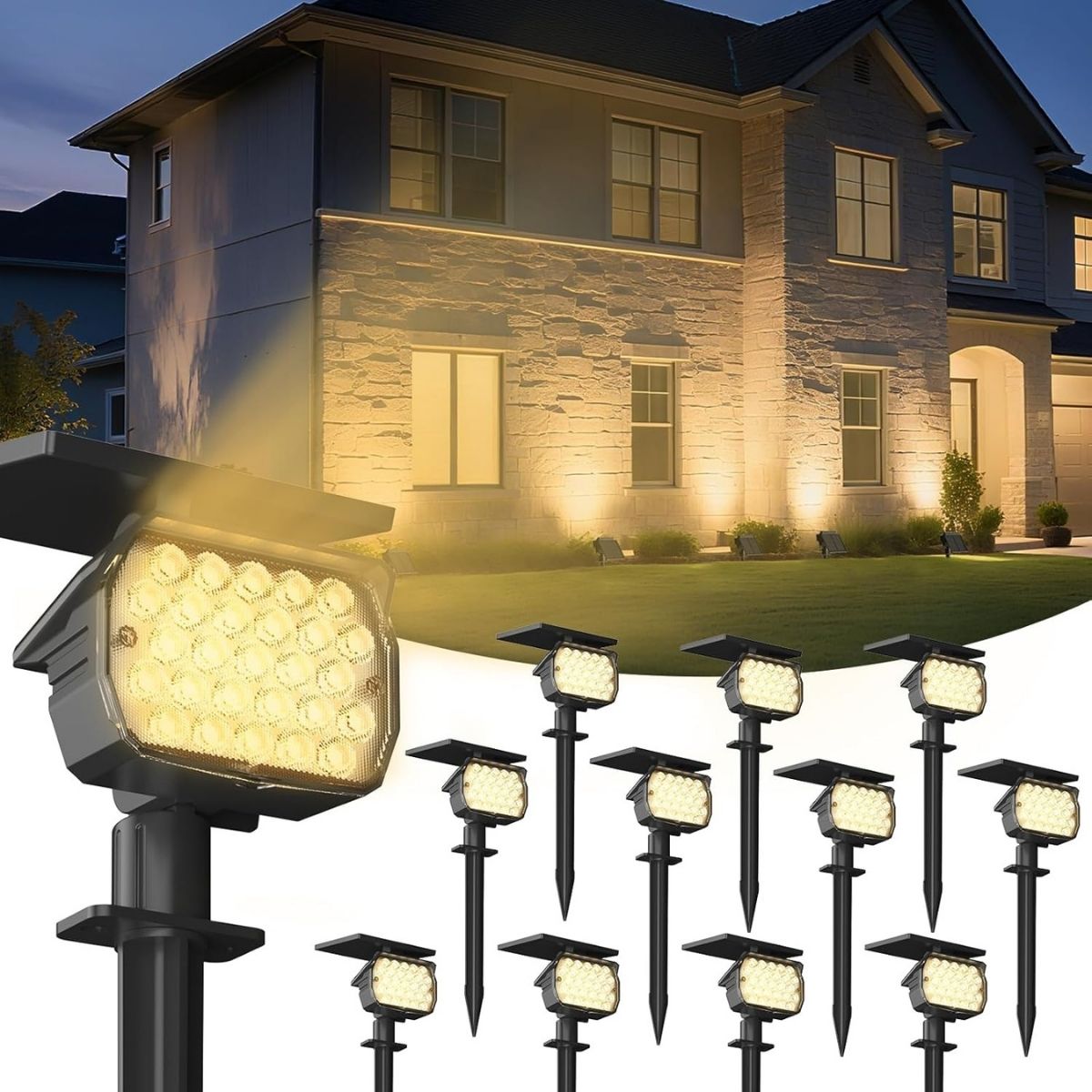 Lampara Solar LED Para Césped Tipo Estaca. (12 Unds) Foco Con Panel Solar Integrado Para Jardín IP67 Resiste al agua. (Luz Cálida). 3W. 3.7V.