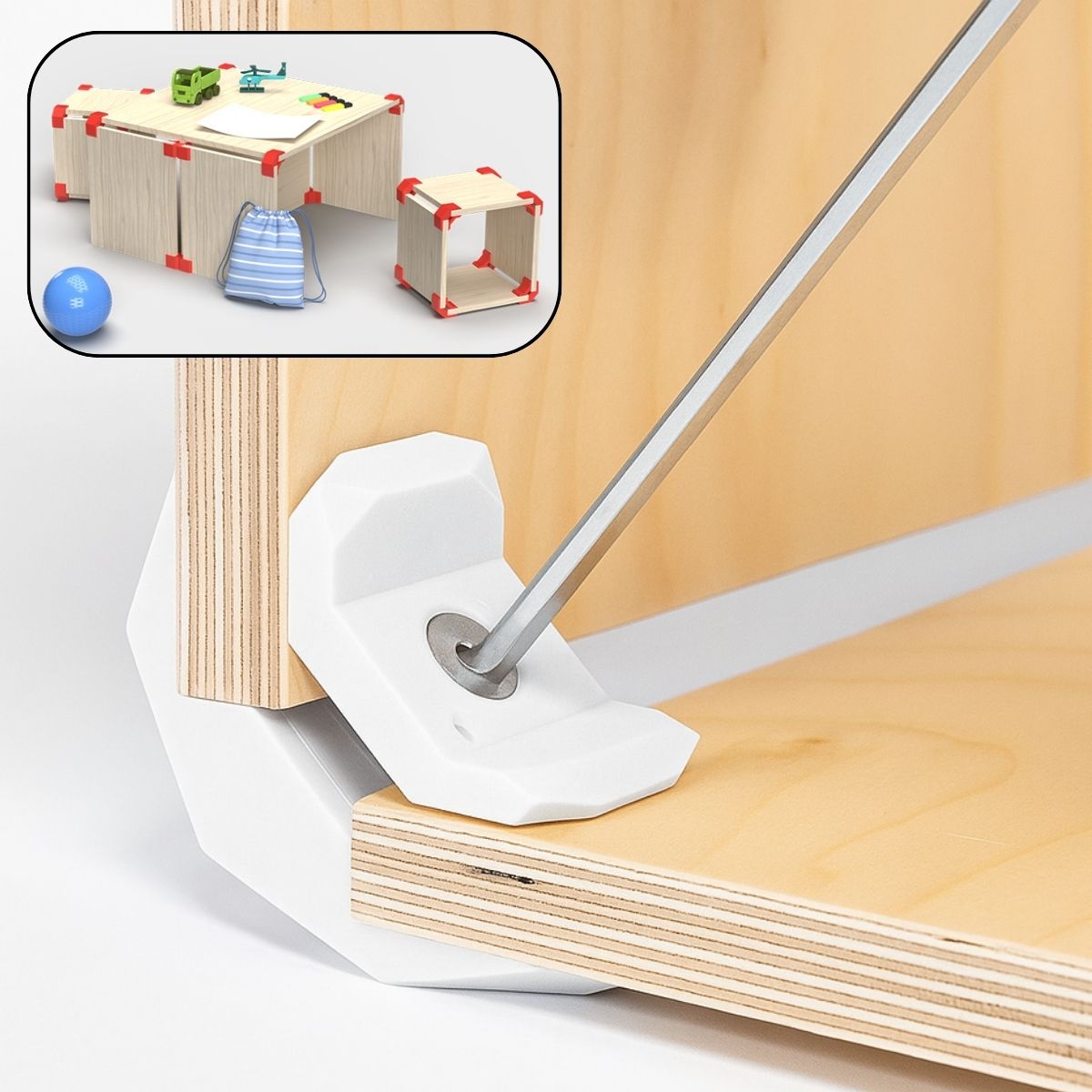 Abrazadera Conector Esquinero De Ensamblaje Para Muebles De Madera Sin Perforación. Para 14 a 21 mm de grosor Color blanco. (4 Unds)