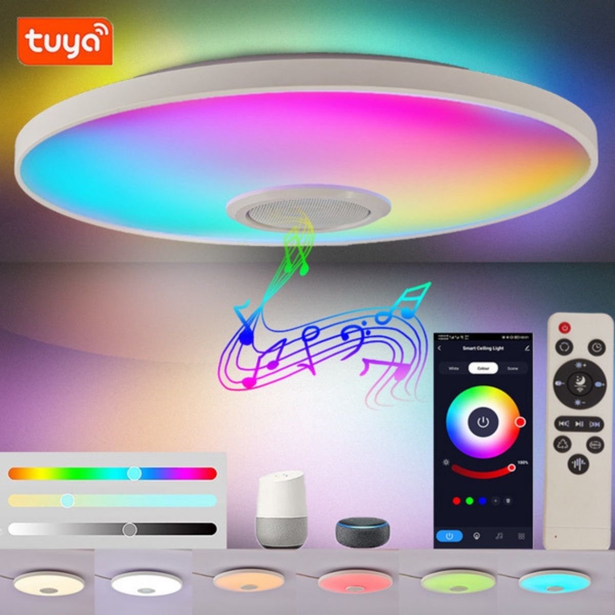 Lámpara De Techo Led Inteligente RGB Con Bocina Wifi Bluetooth Con Control Remoto Y App Tuya 36W 11.8” (30cm). Cobertura 5-10m².