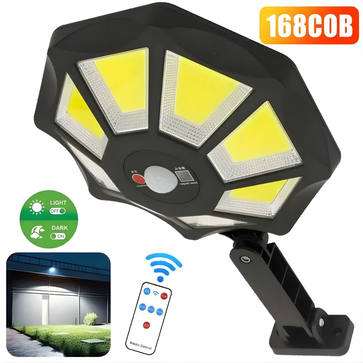 Lámpara Solar LED con Sensor de Movimiento. Foco con panel Solar y Control Remoto. Luz Impermeable para exterior.
