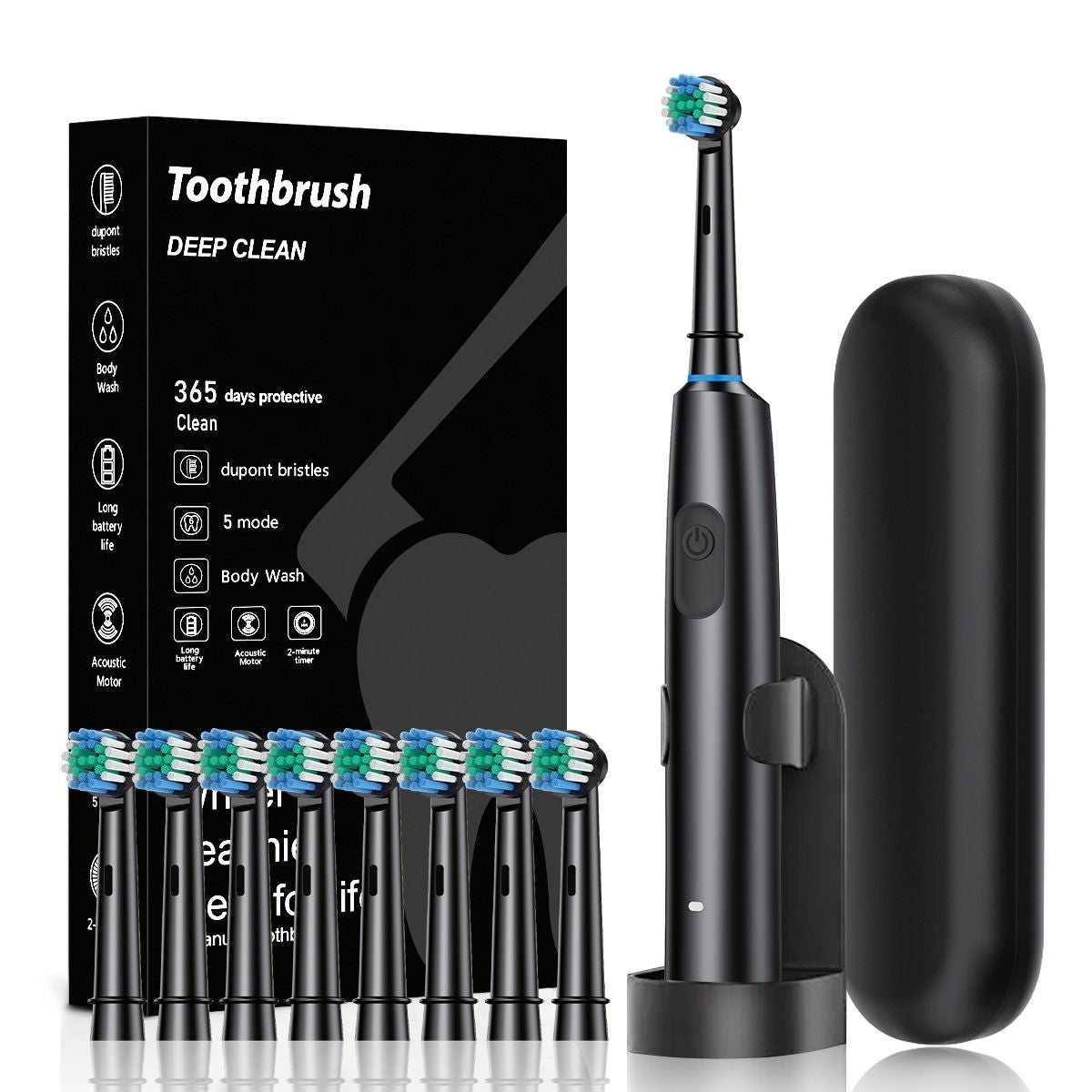 Cepillo De Dientes Eléctrico Recargable Con 5 Modos De Limpieza Y Temporizador. Resistente Al Agua IPX7. Con Puerto De Carga USB Tipo C. Incluye 8 Cabezales. Color Negro.