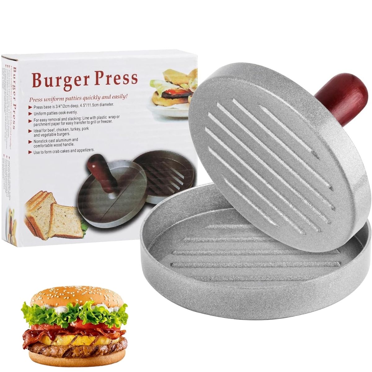Prensa Molde Para Hamburguesas De Aluminio De Grado Alimenticio Con Mango De Madera 4.7” (11.8Cm) Diámetro, 0.71” (1.8Cm) Altura Y 190Grs. Moldeador Formador De Carne.