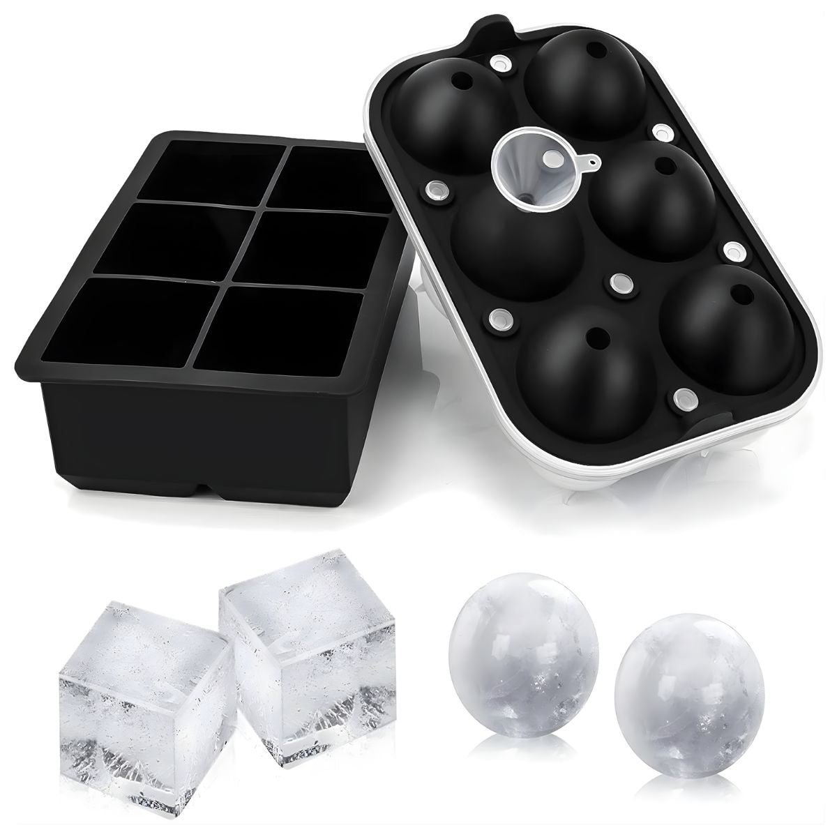 Moldes De Silicona Para Hielo En Cubos Y Esferas Grandes. Set De 2 Piezas.