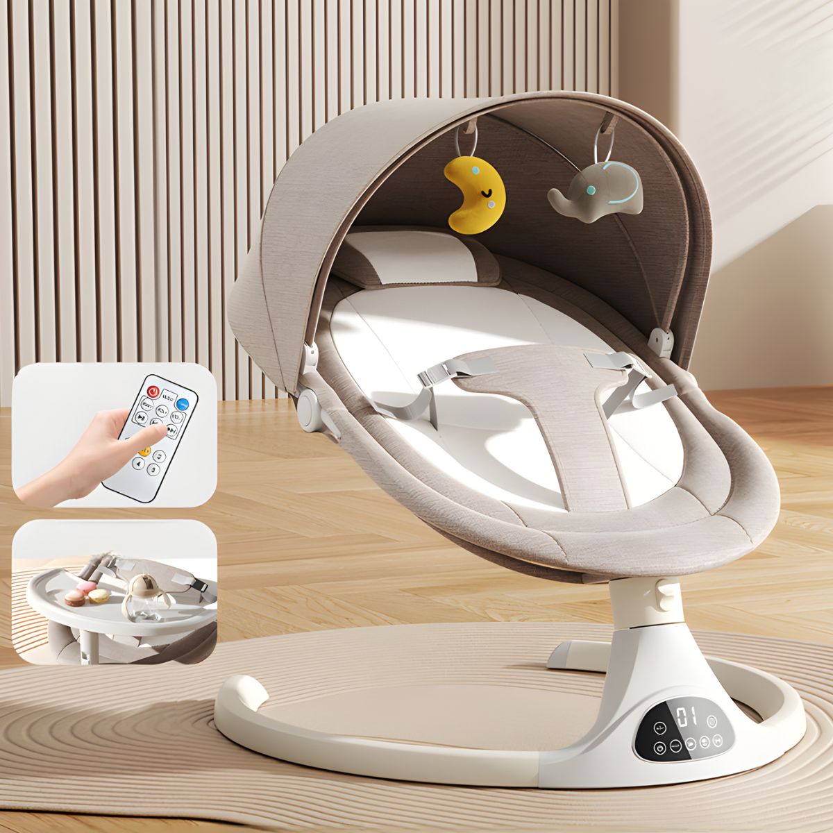 Silla Mecedora para Bebé con Mando a Distancia y Bluetooth. Hamaca Infantil con Mosquitero y Bandeja Desmontable.