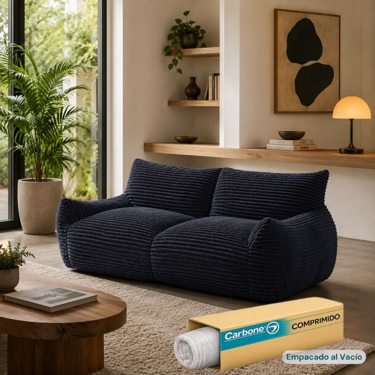 Sofá Moderno de 2 Puestos Empacado al Vacío con Espuma 32D Triturada (185x90x75cm). Color azul oscuro.