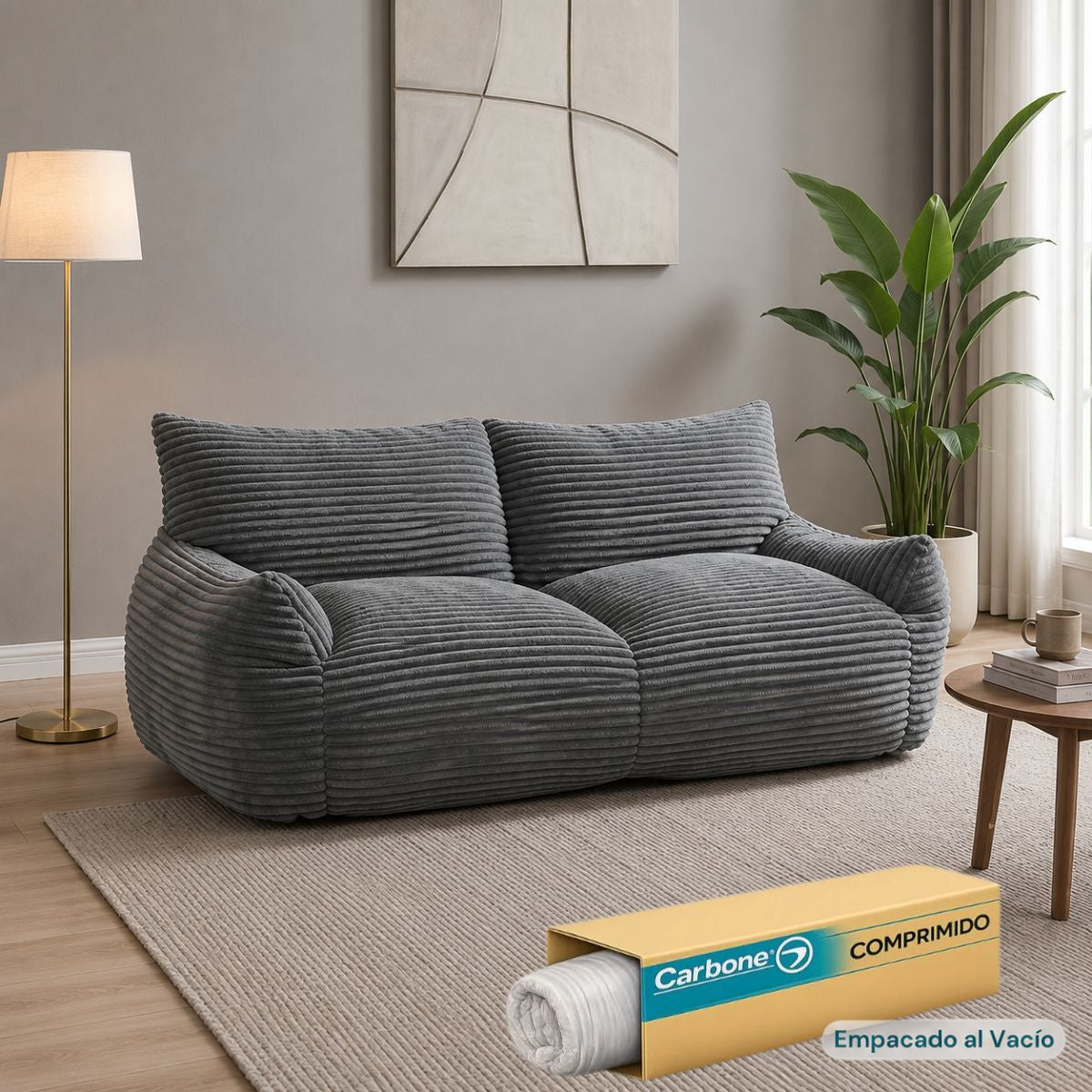 Sofá Moderno de 2 Puestos Empacado al Vacío con Espuma 32D Triturada (185x90x75cm). Color Gris.