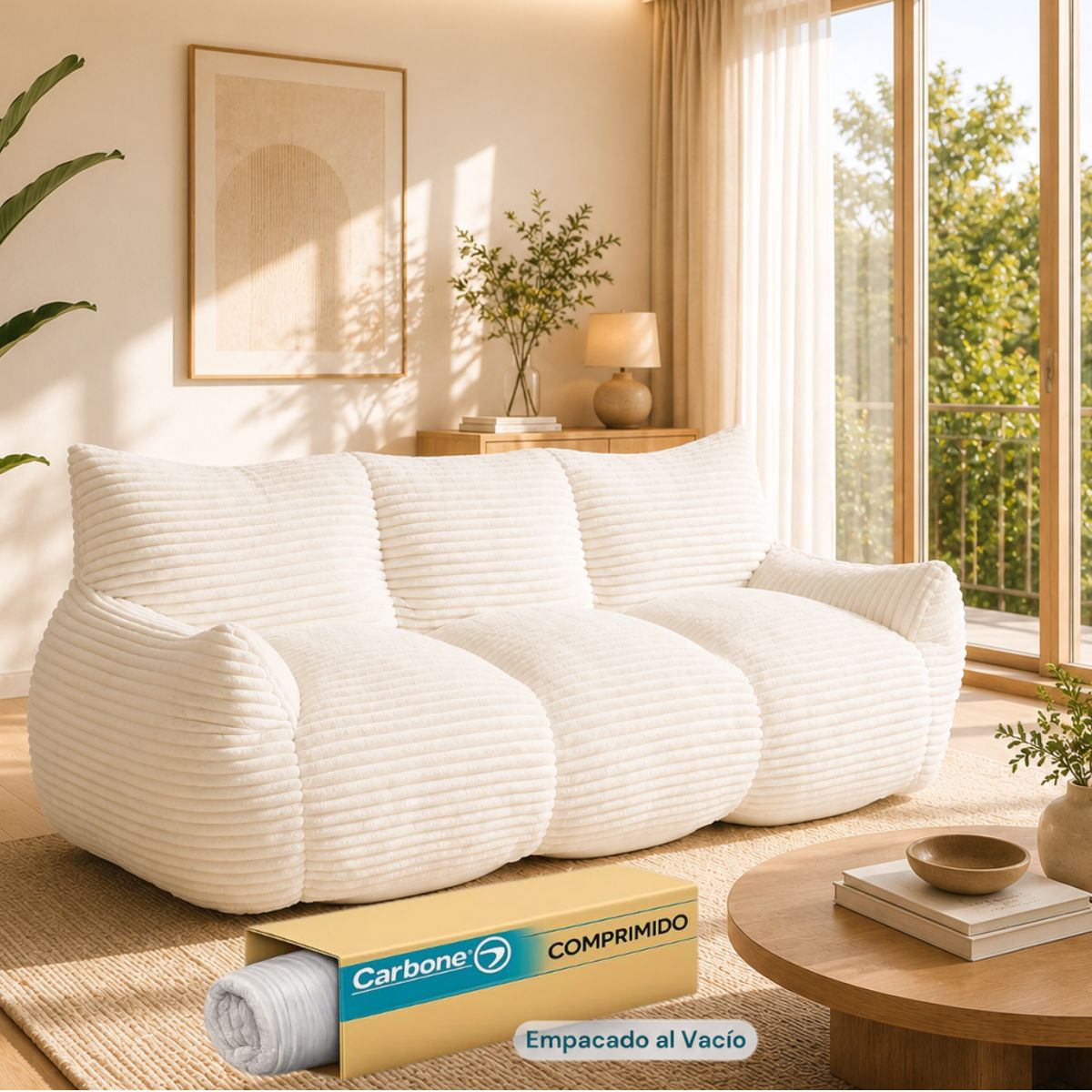 Sofá Moderno de 3 Puestos Empacado al Vacío con Espuma 32D Triturada (210x90x75cm). Color blanco.