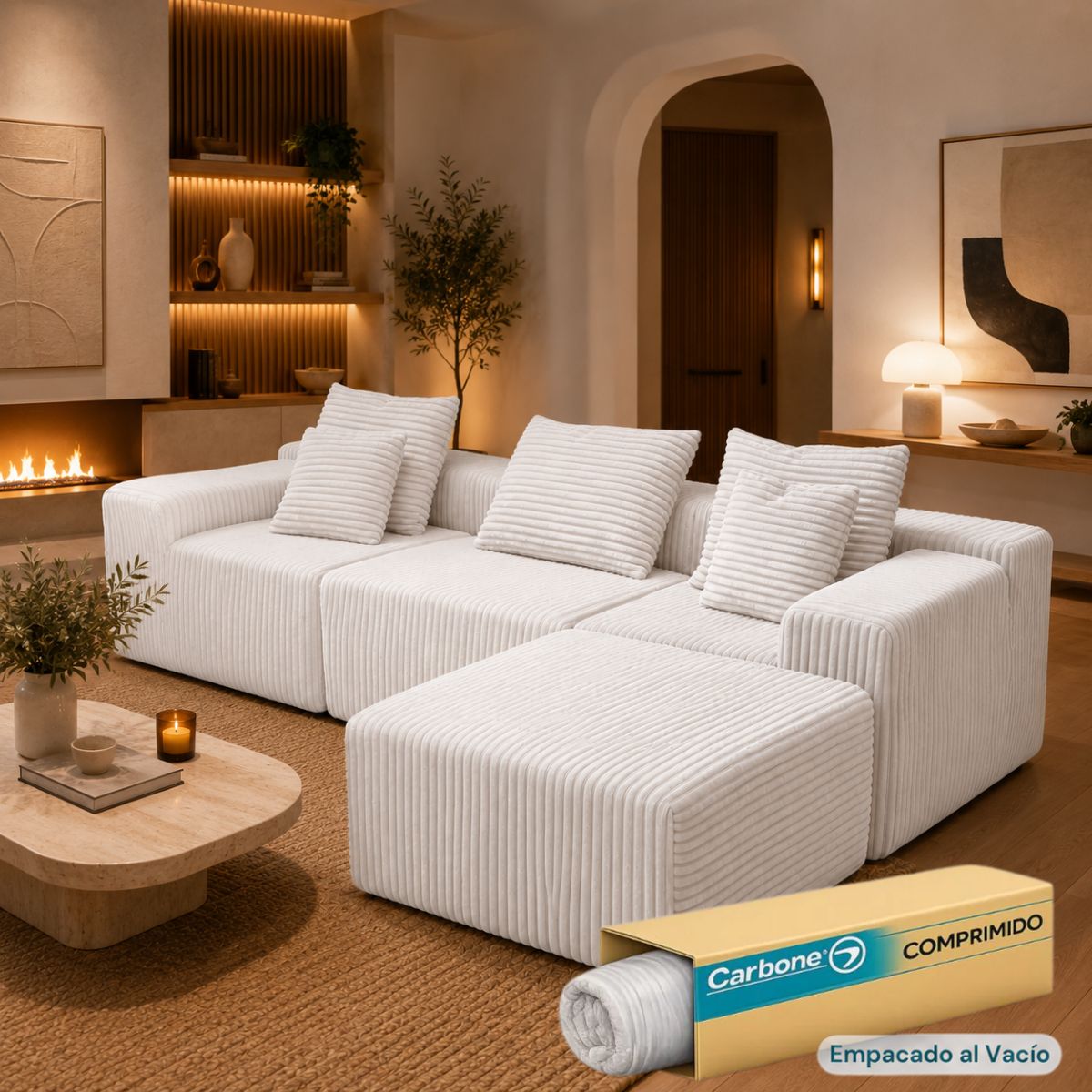Sofá Modular de 3 Puestos Empacado al Vacío (271x96x63cm). Espuma 32D de Alta Densidad con Resortes y Fundas Removibles. Color Blanco.