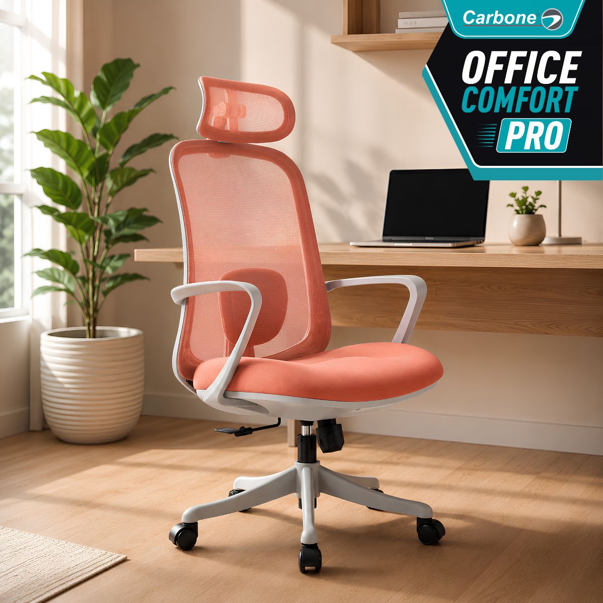 Silla De Oficina Ergonómica Ejecutiva con Reposacabezas Ajustable. Respaldo Reclinable 90°-125°. Soporte Lumbar Regulable. Color coral.