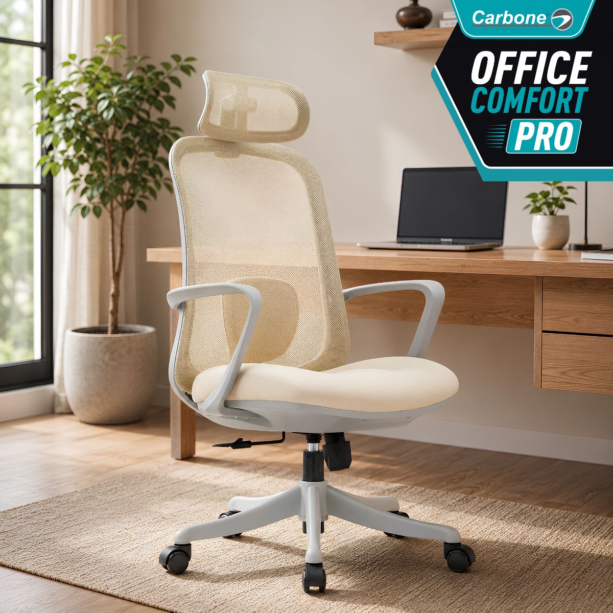 Silla De Oficina Ergonómica Ejecutiva con Reposacabezas Ajustable. Respaldo Reclinable 90°-125°. Soporte Lumbar Regulable. Color beige.