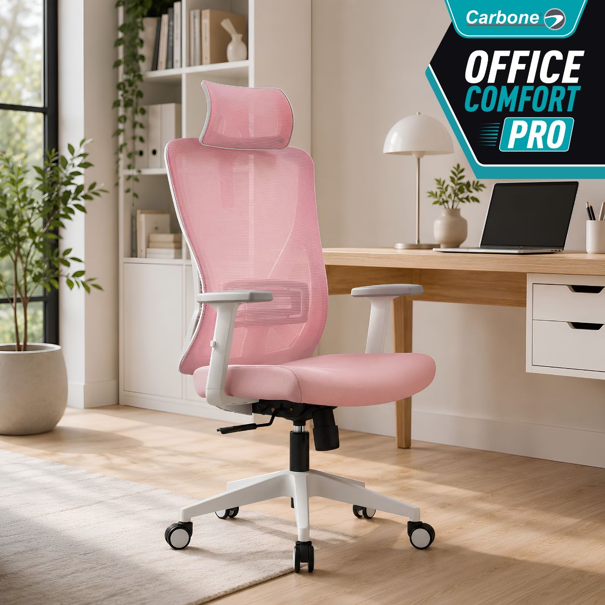 Silla De Oficina Ergonómica con Soporte Lumbar y Respaldo De Malla. Reposacabezas Regulable. Soporta hasta 330 Lbs. Color rosado.