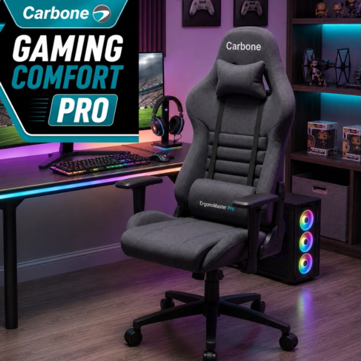 Silla Gamer Ergonómica Reclinable con Soporte Lumbar y Cervical. Capacidad 120Kg. Silla de Oficina y Gaming. Color Gris Oscuro.