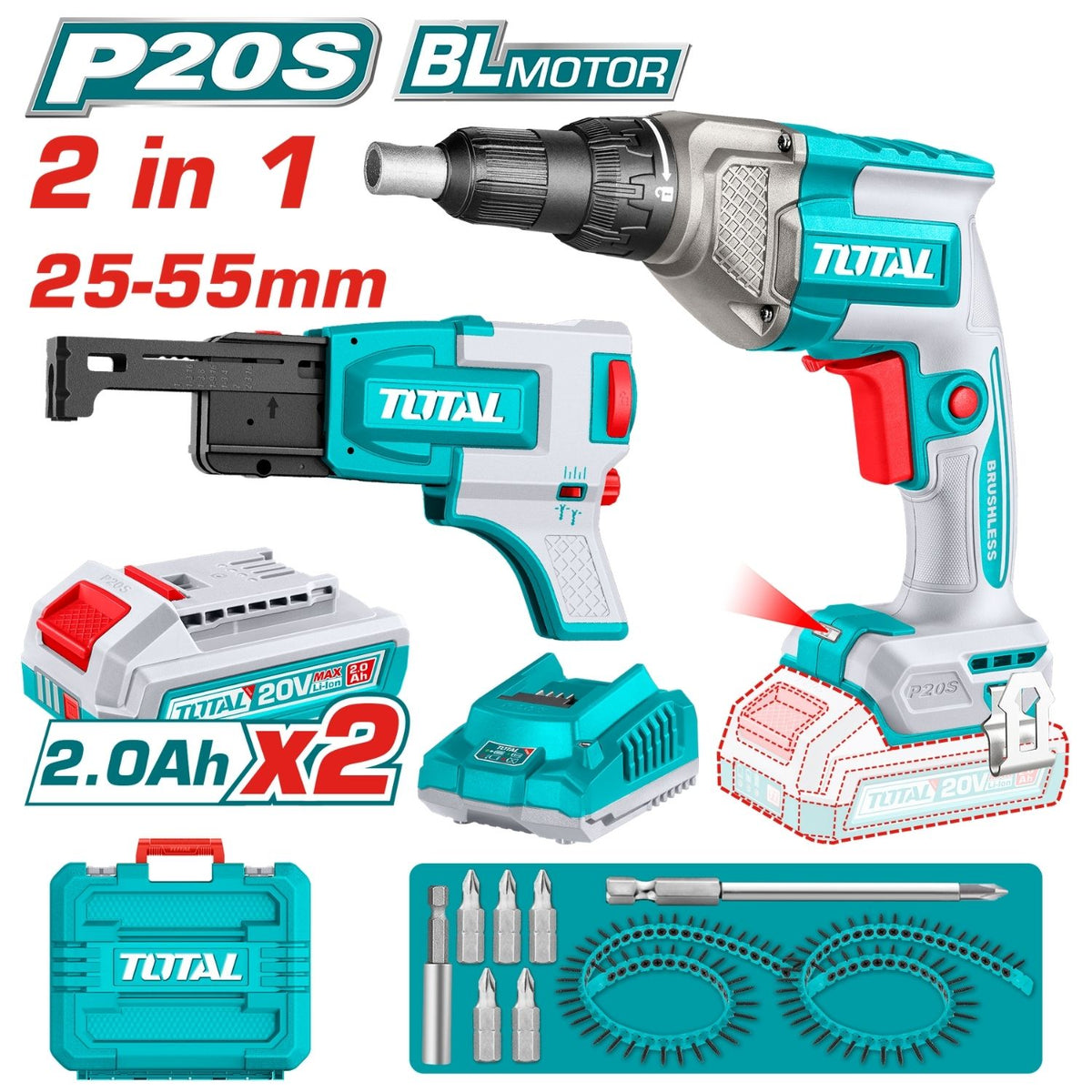 Drill para Drywall Inalámbrico 20V 4200rpm 1/4" Hex con Pistola de Tornillos Drywall 25-55mm . Incluye Accesorios, 2 Baterías y 1 Cargador