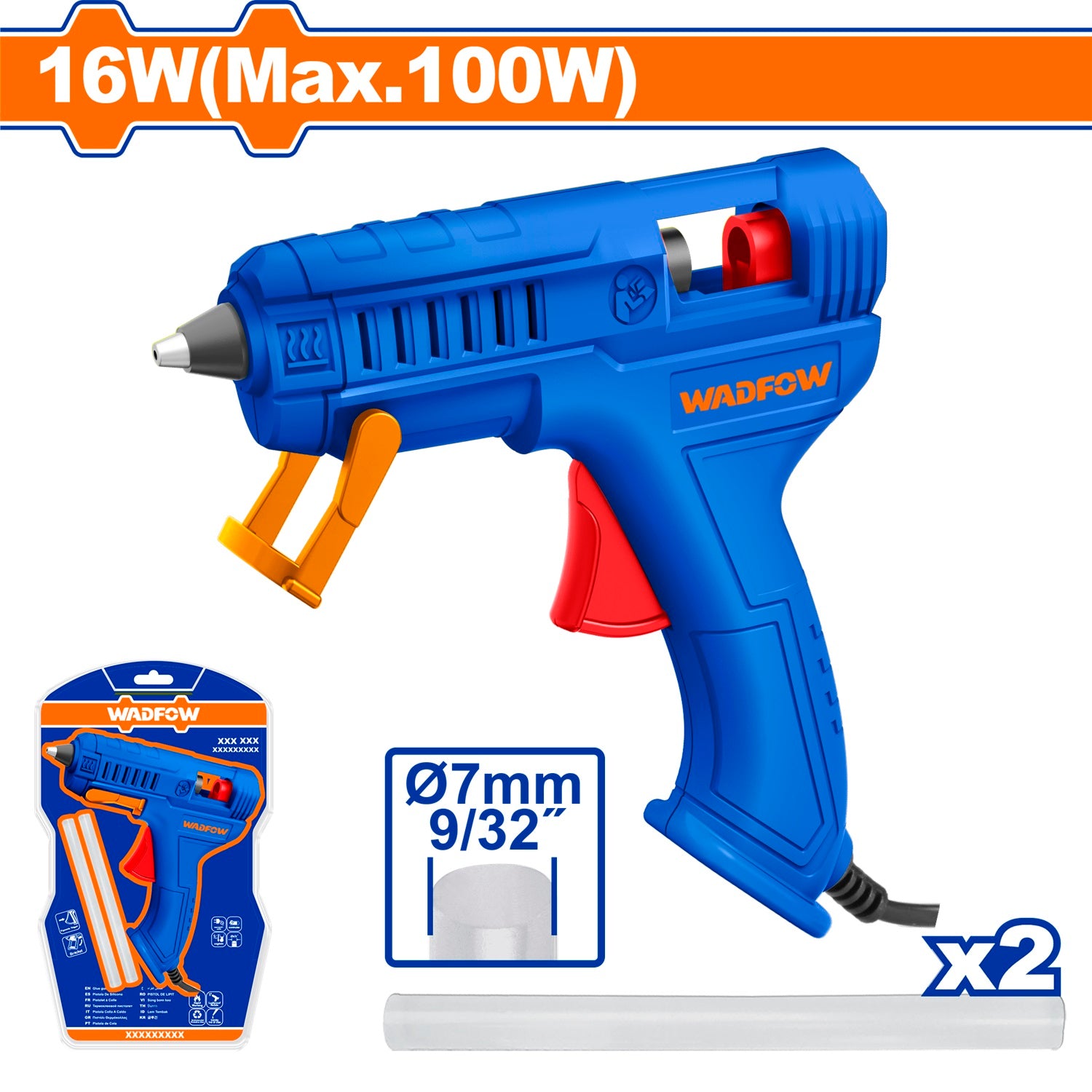 Pistola de Silicón 16W Max 100W 220-240V~50/60Hz. Diámetro de la barra: 7mm. Incluye 2 barras de pegamento. Pistola goma caliente.