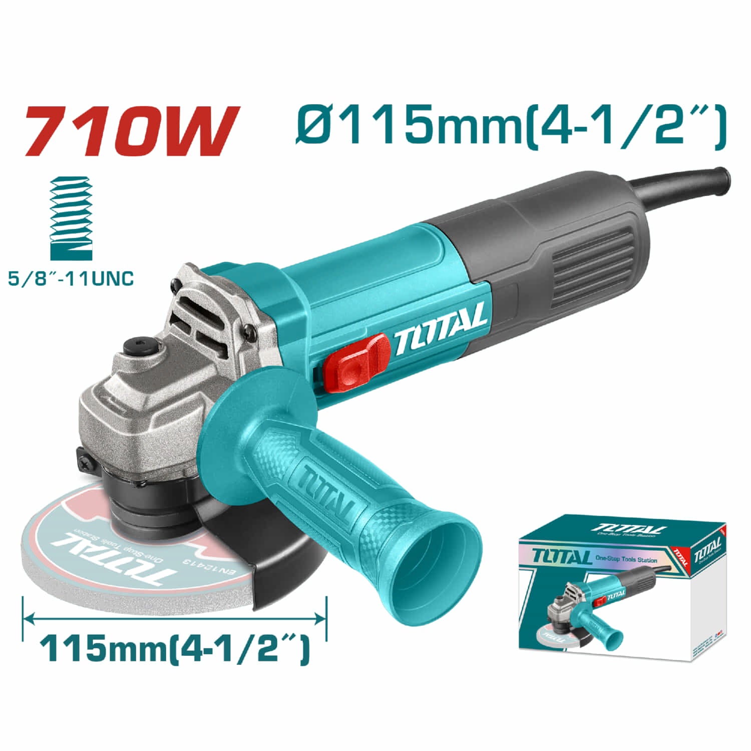 Esmeriladora Angular. 710W.Velocidad sin carga: 12000rpm. Rosca: 5/8"-11UNC No incluye disco.