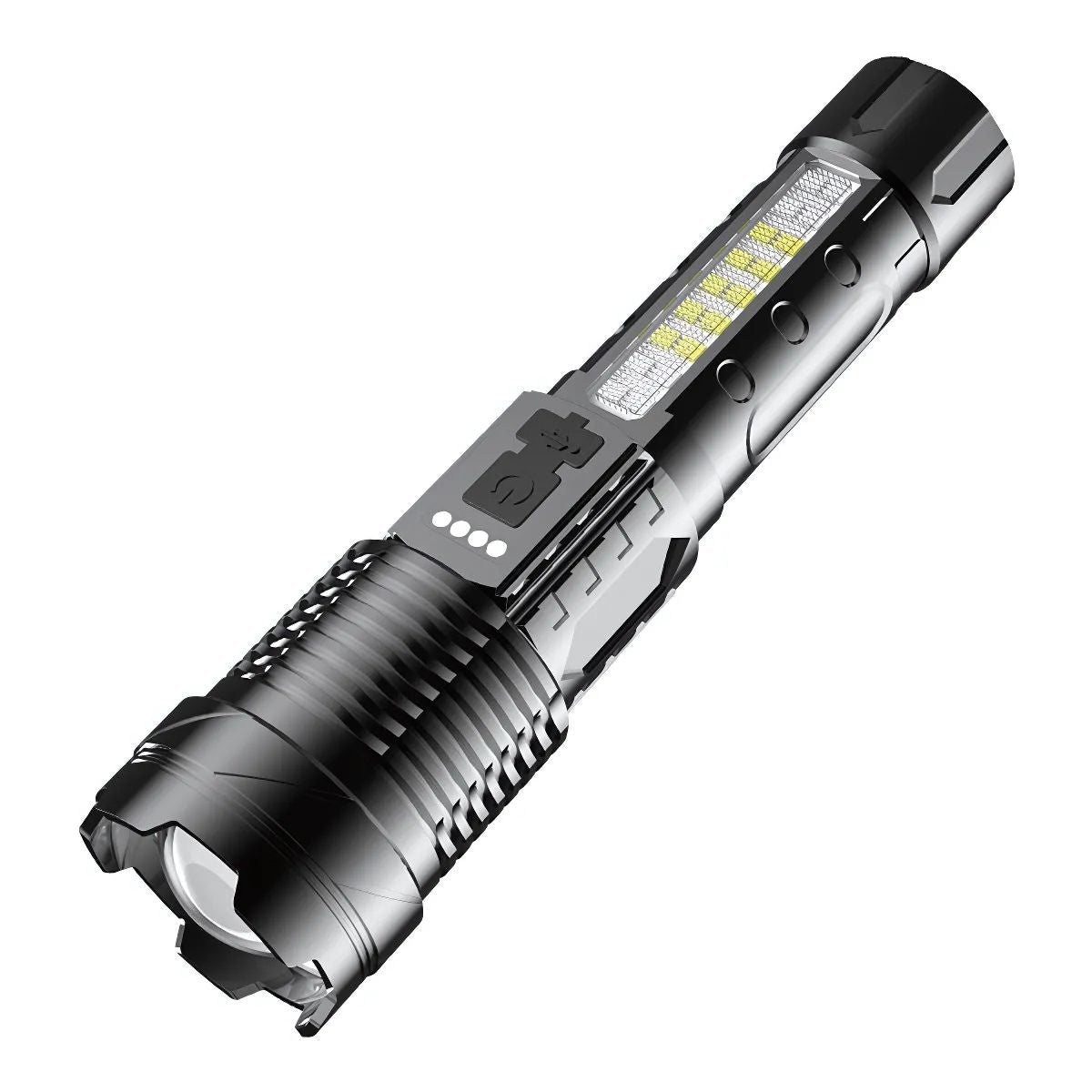 Linterna de Mano Recargable con Enfoque Ajustable y Resistencia al Agua. Ideal para Camping y Emergencias.