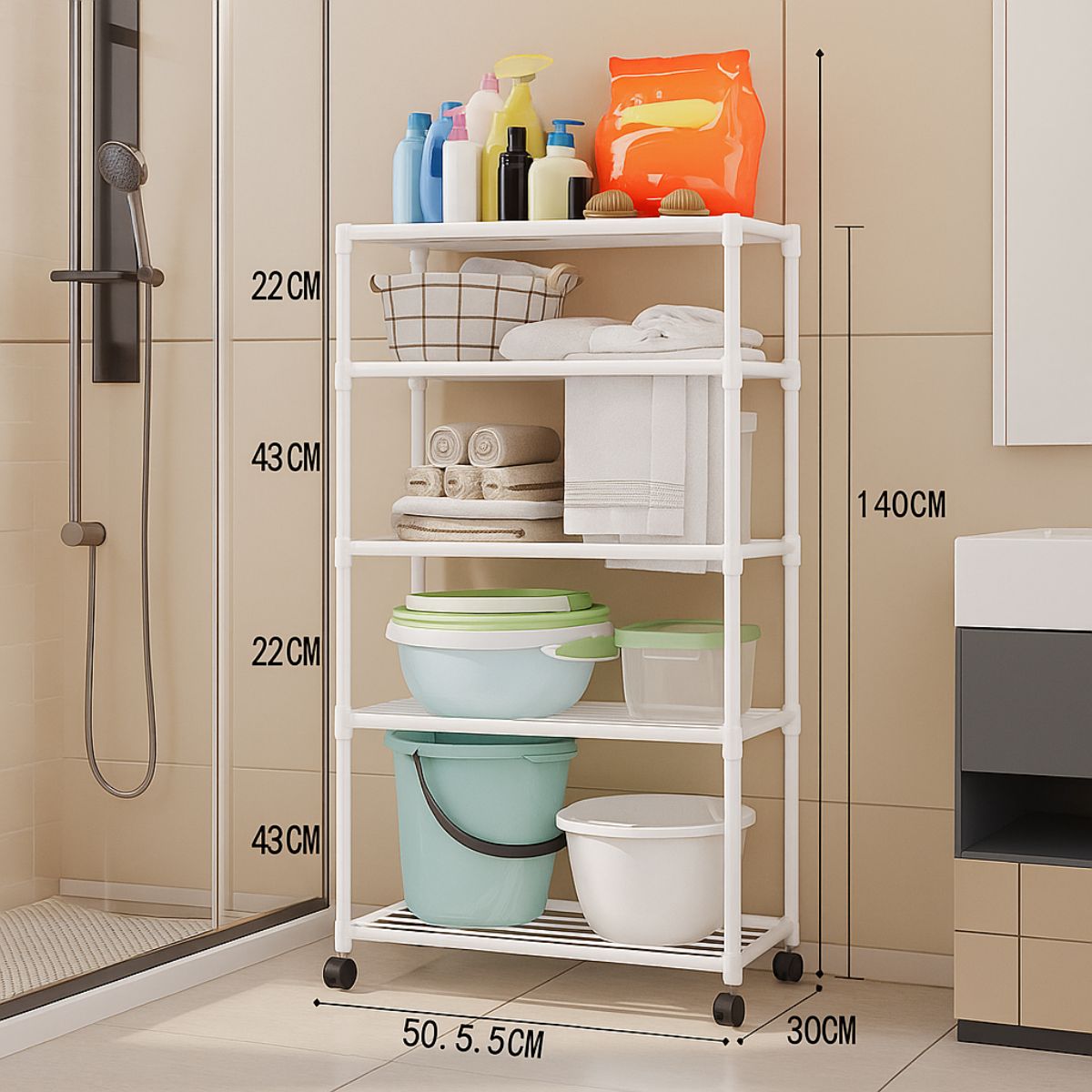 Estante Organizador de 5 Niveles con Ruedas para Baño, Cocina o Lavandería. Repisa para almacenamiento. 140x50.5x30cm Color blanco.