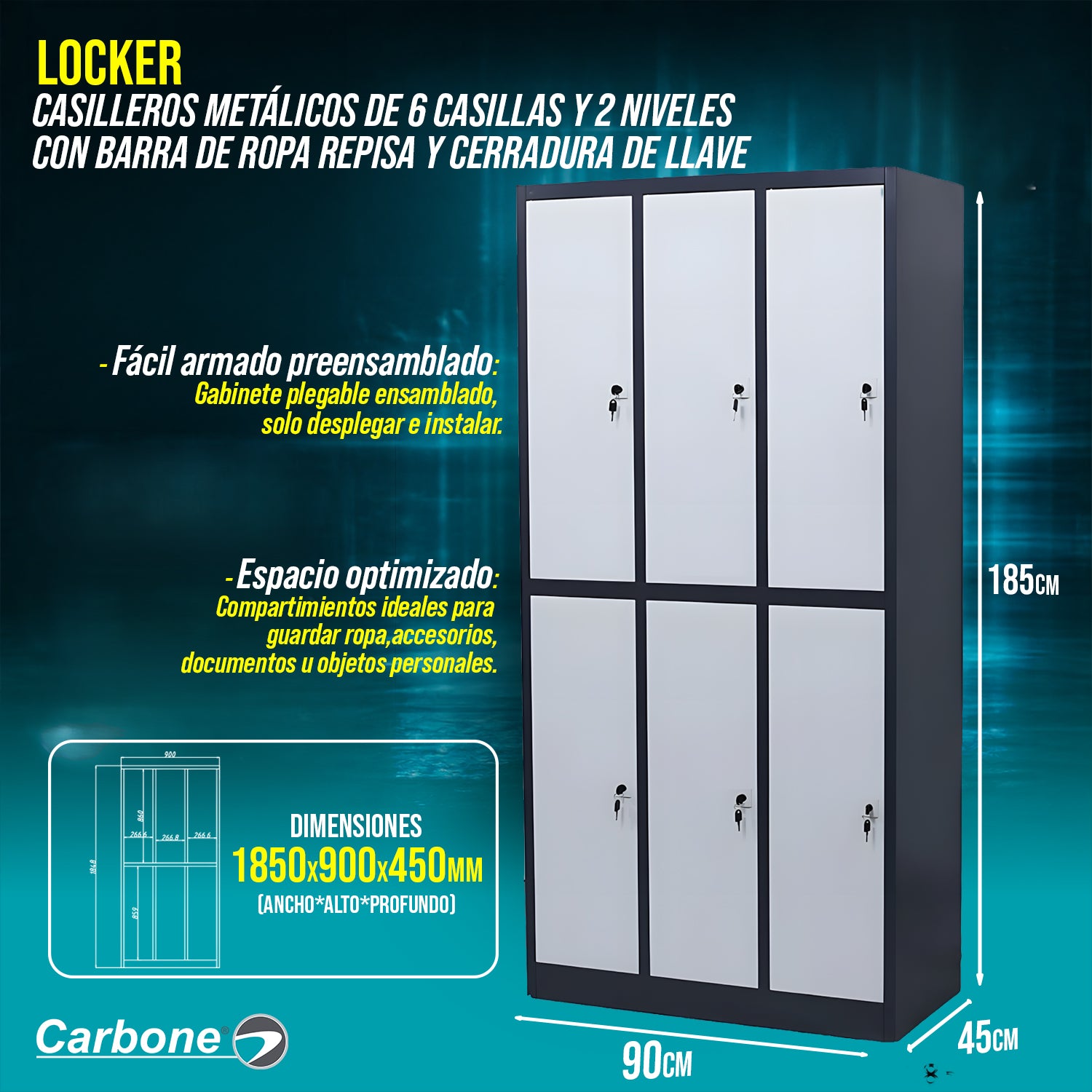 Locker Casilleros metálicos de 6 casillas 2 niveles con barra de ropa repisa y cerradura de llave 1850x900x450mm