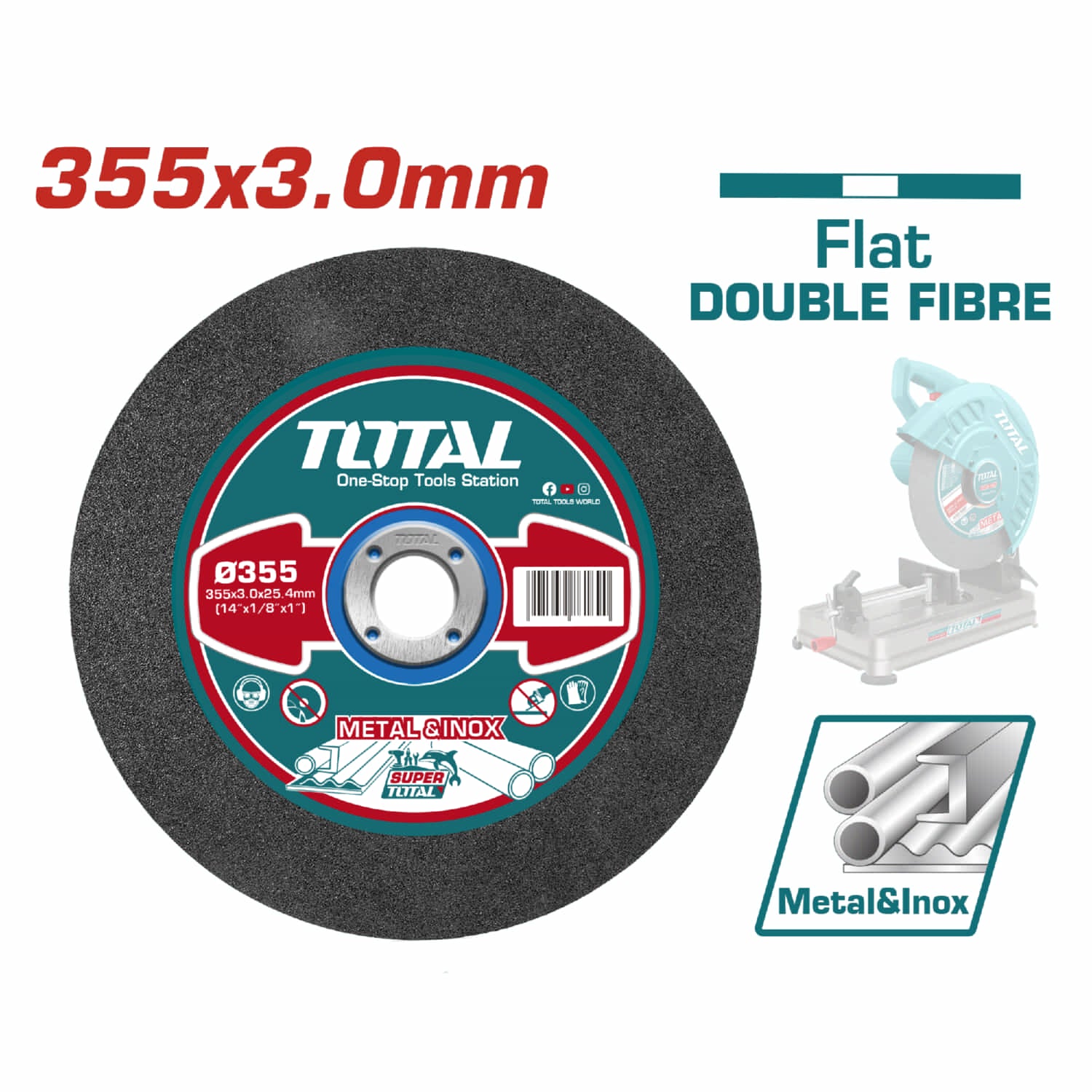 Disco De Corte 14" Tronzadora Plano 355 Mm (14") x 3.0 Mm (1/8") x 25.4 Mm (1"). Para metal y acero inoxidable.