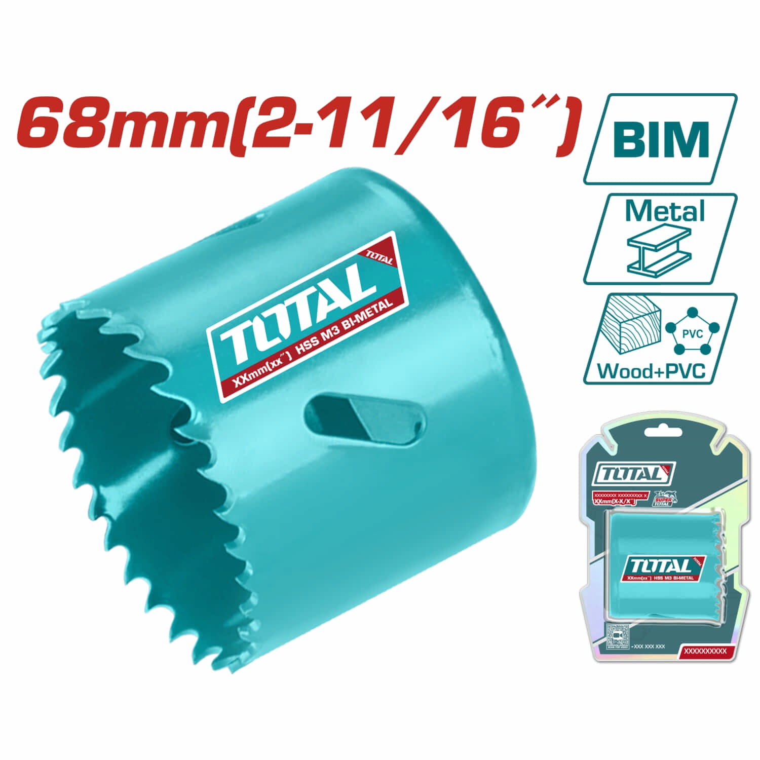 Broca cilíndrica HSS M3 Bi-Metal, Dientes variados 4-6TPI, diámetro 68mm.