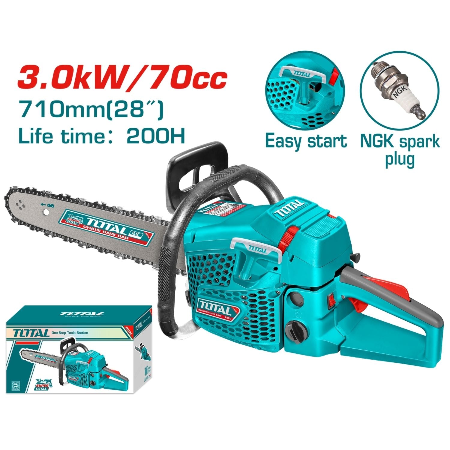 Motosierra 70cc 3.0 kw. 3100 (+/- 300) rpm. de 28".