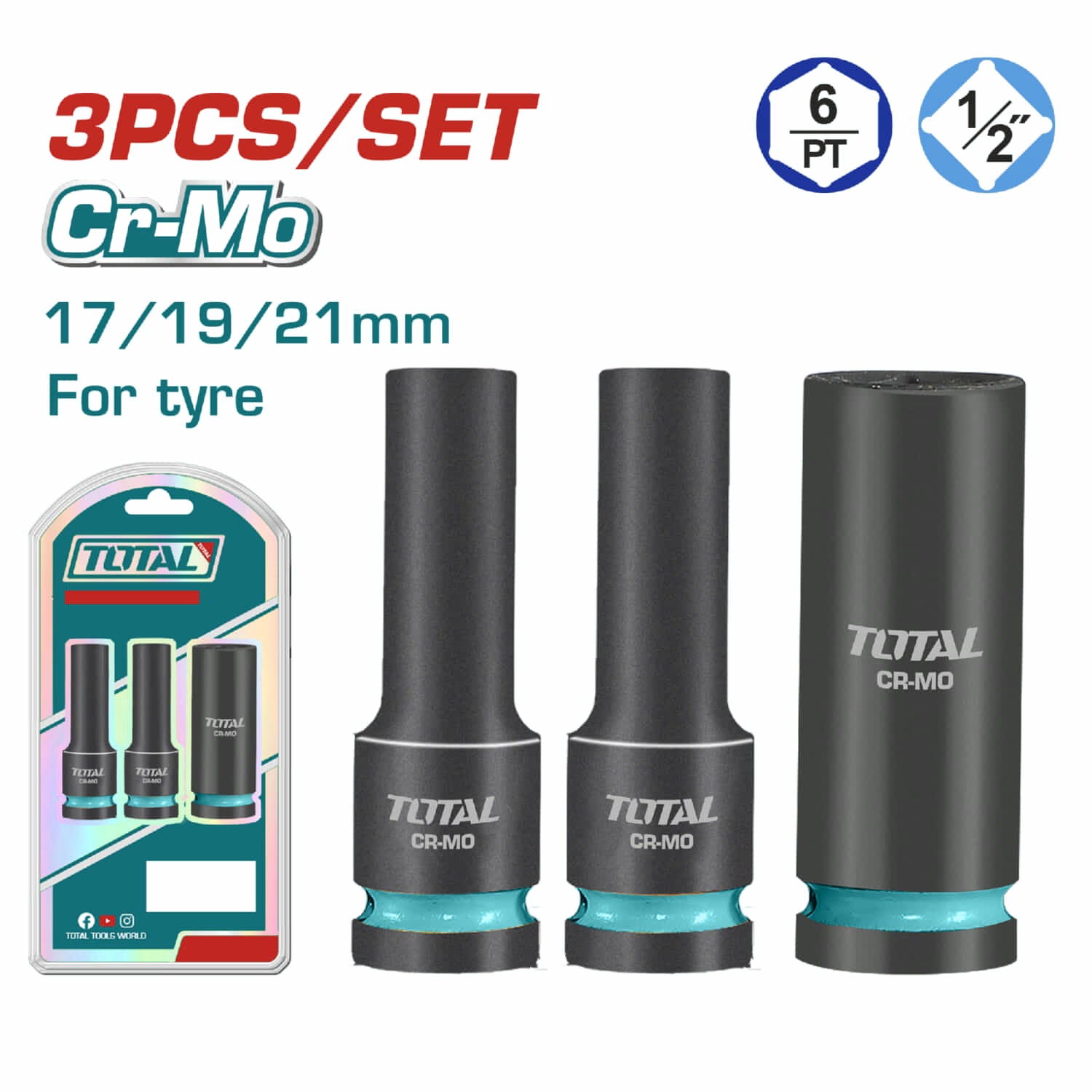 Dados sockets de Impacto Profundo 1/2". Acero Cr-Mo. Set de 3 Piezas (17-19-21mm).