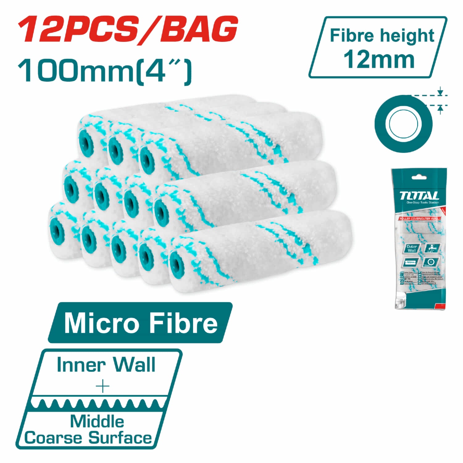 Rodillos Para Pintar 4" paredes internas. (Cubiertas Para Rodillos). Altura De Fibra 12mm. Set de 12 Unidades.