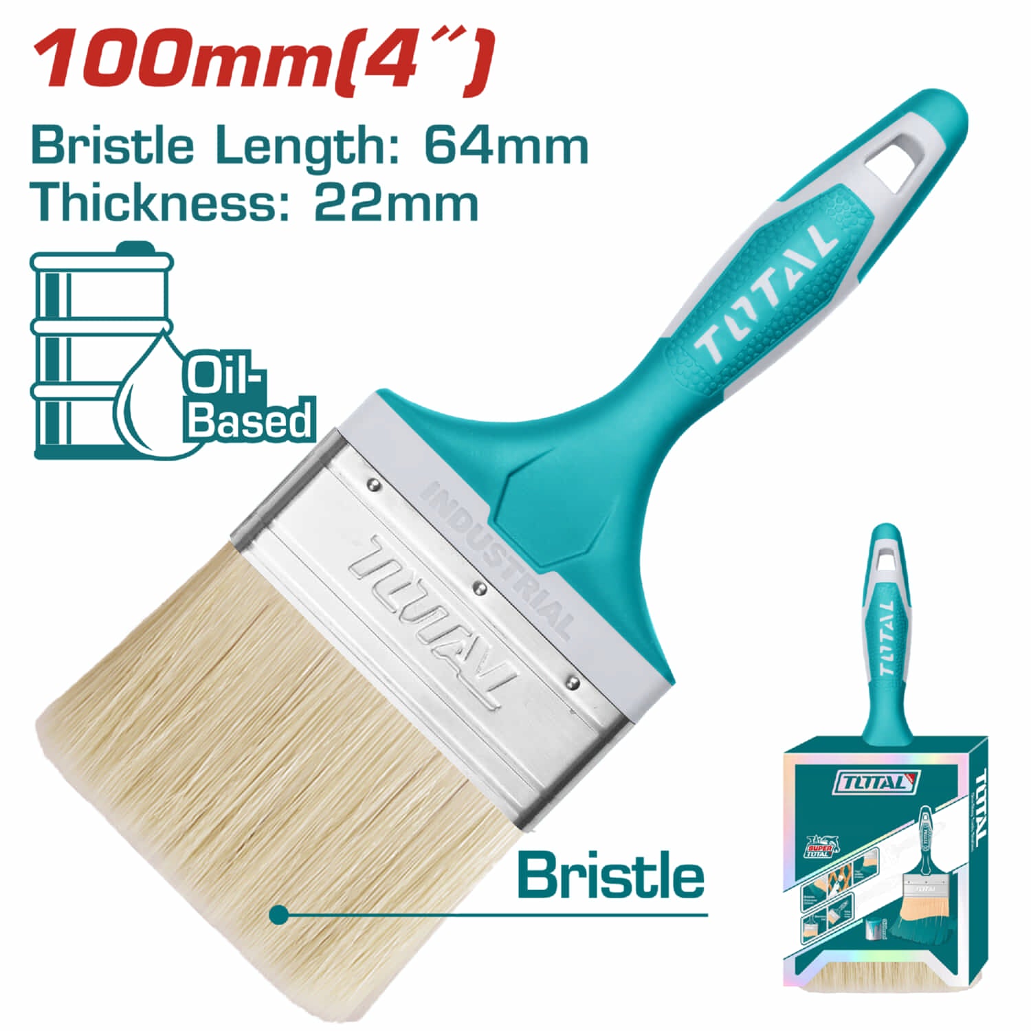 Brocha de 4" (100mm). Largo 70mm. Grueso de cerdas 22mm. Para pintura a base de aceite.