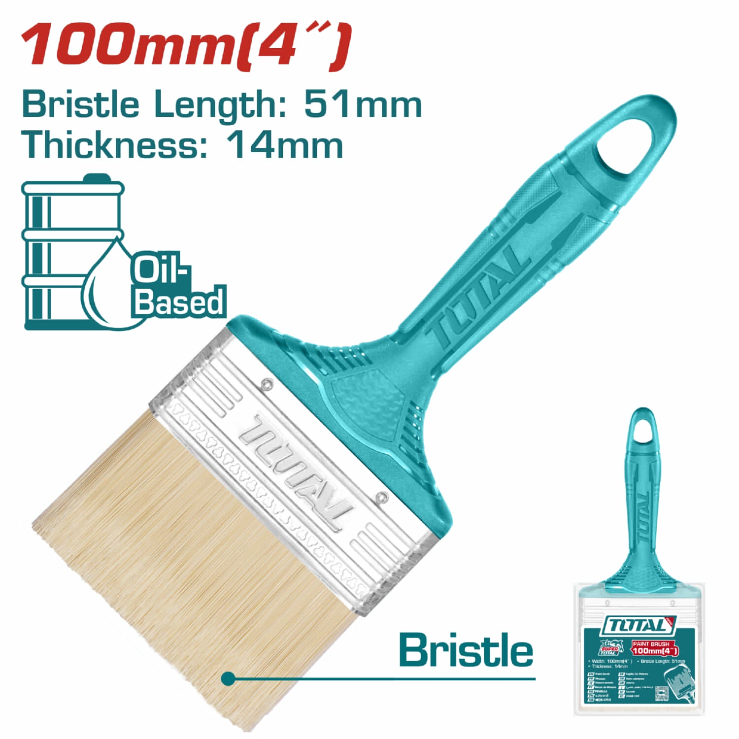 Brocha de 4" (100mm). Largo 51mm. Grueso de cerdas 14mm. Para pintura a base de aceite.