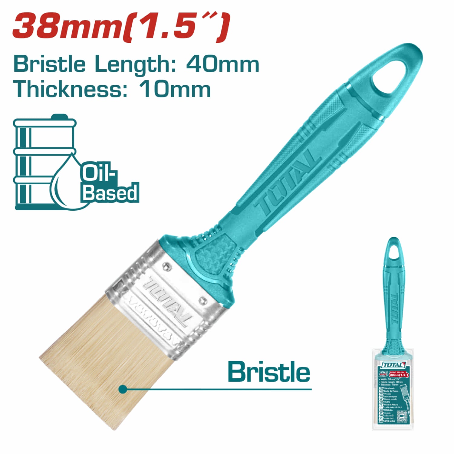 Brocha de 1.5" (38mm). Largo 40mm. Grueso de cerdas 10mm. Para pintura a base de aceite.